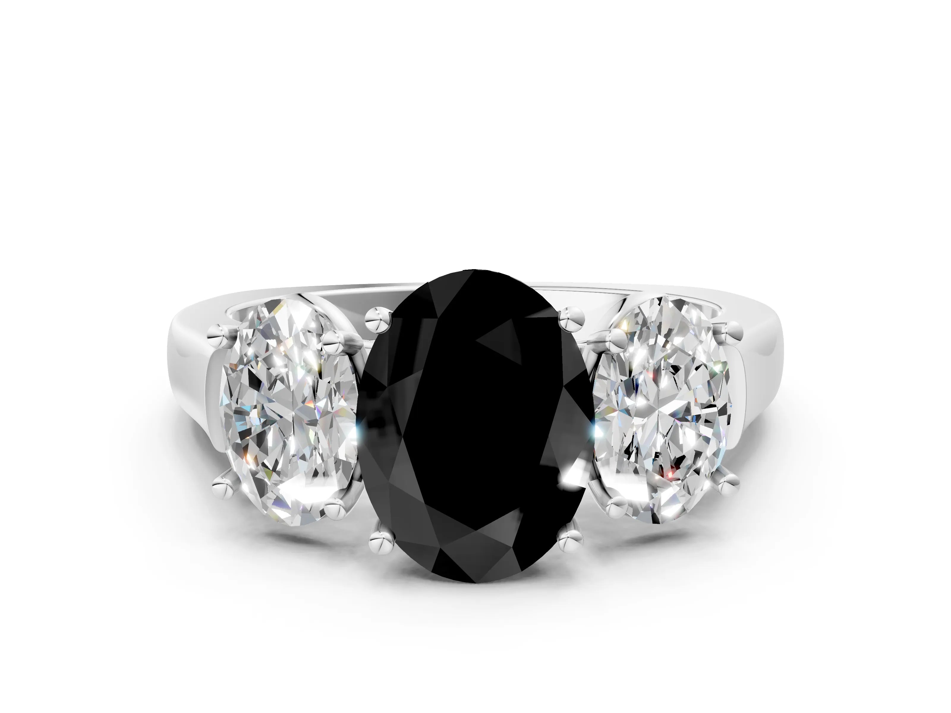 White gold Three-Stone Fancy Black Oval Cut Brilliant Diamond Trellis Ring with Comfort Fit Band_12