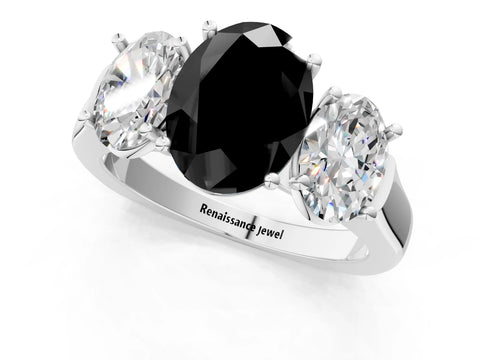 White gold Three-Stone Fancy Black Oval Cut Brilliant Diamond Trellis Ring with Comfort Fit Band_13