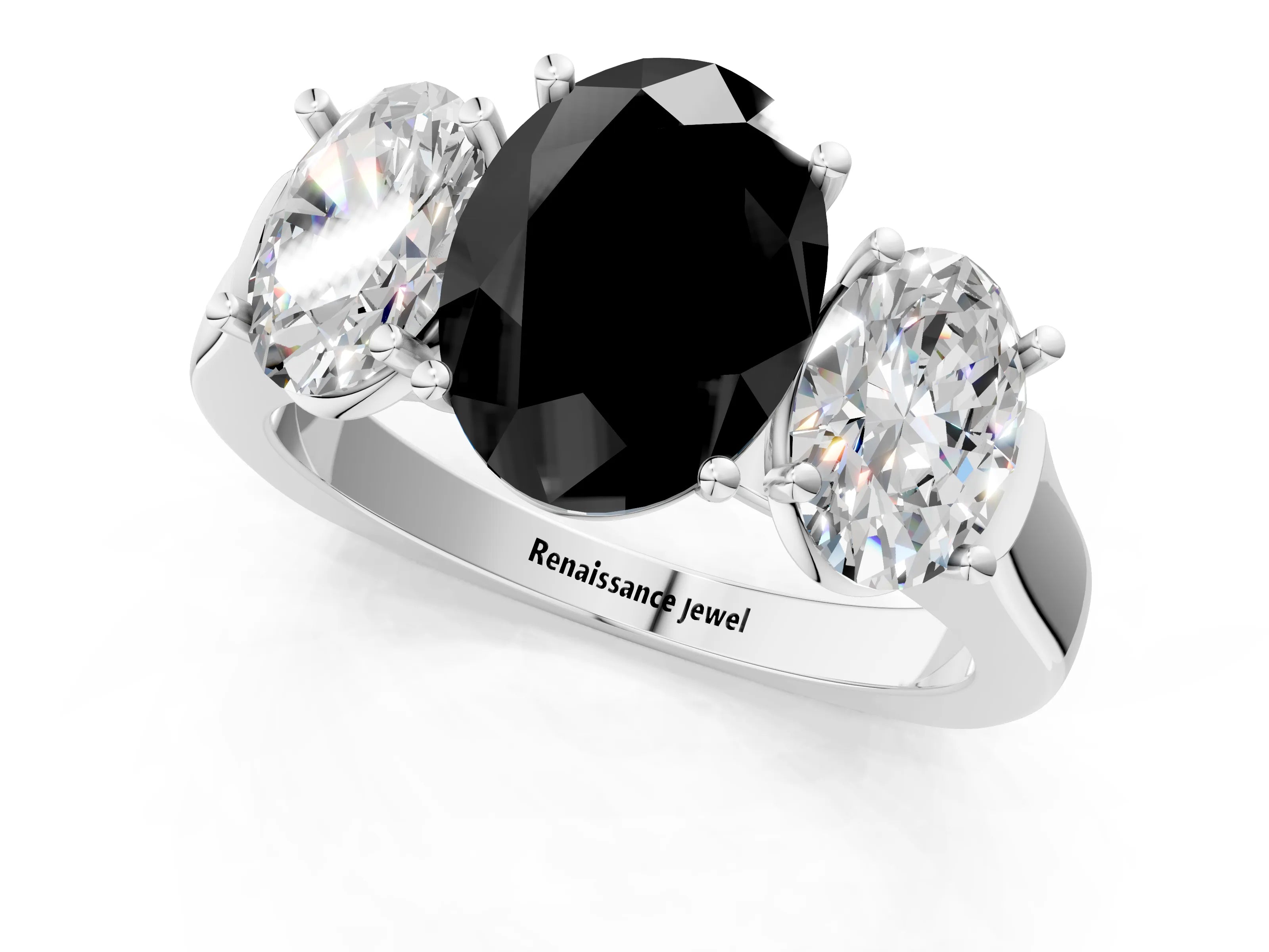 White gold Three-Stone Fancy Black Oval Cut Brilliant Diamond Trellis Ring with Comfort Fit Band_13