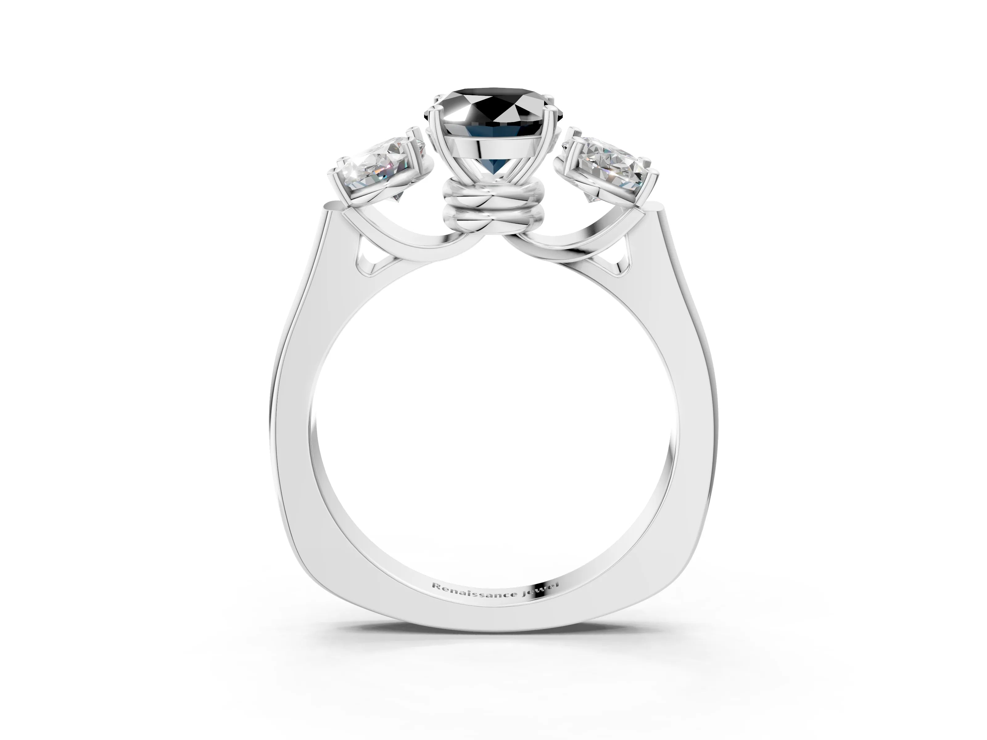 White gold Three-Stone Fancy Black Oval Cut Brilliant Diamond Trellis Ring with Comfort Fit Band_15