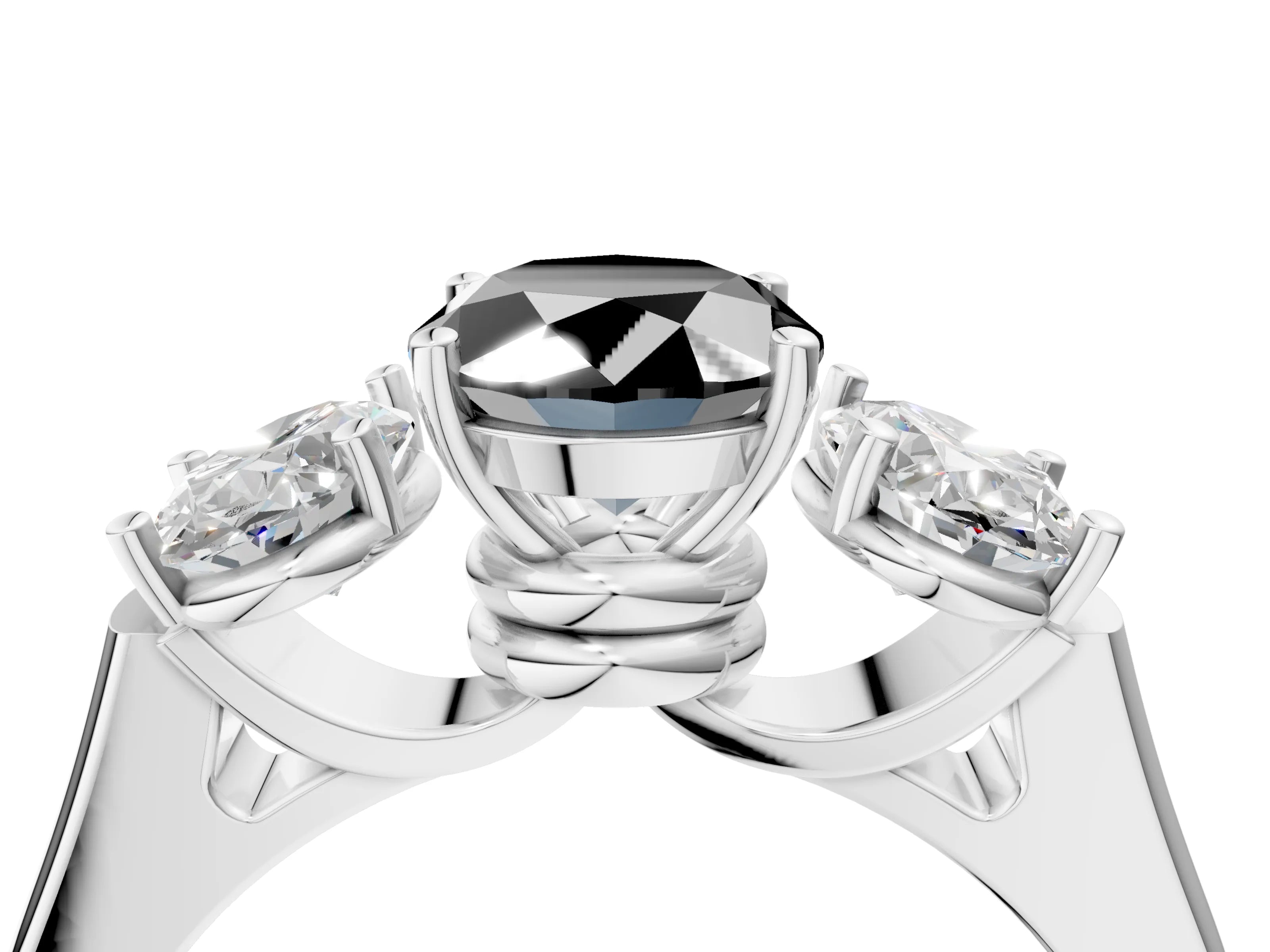White gold Three-Stone Fancy Black Oval Cut Brilliant Diamond Trellis Ring with Comfort Fit Band_16