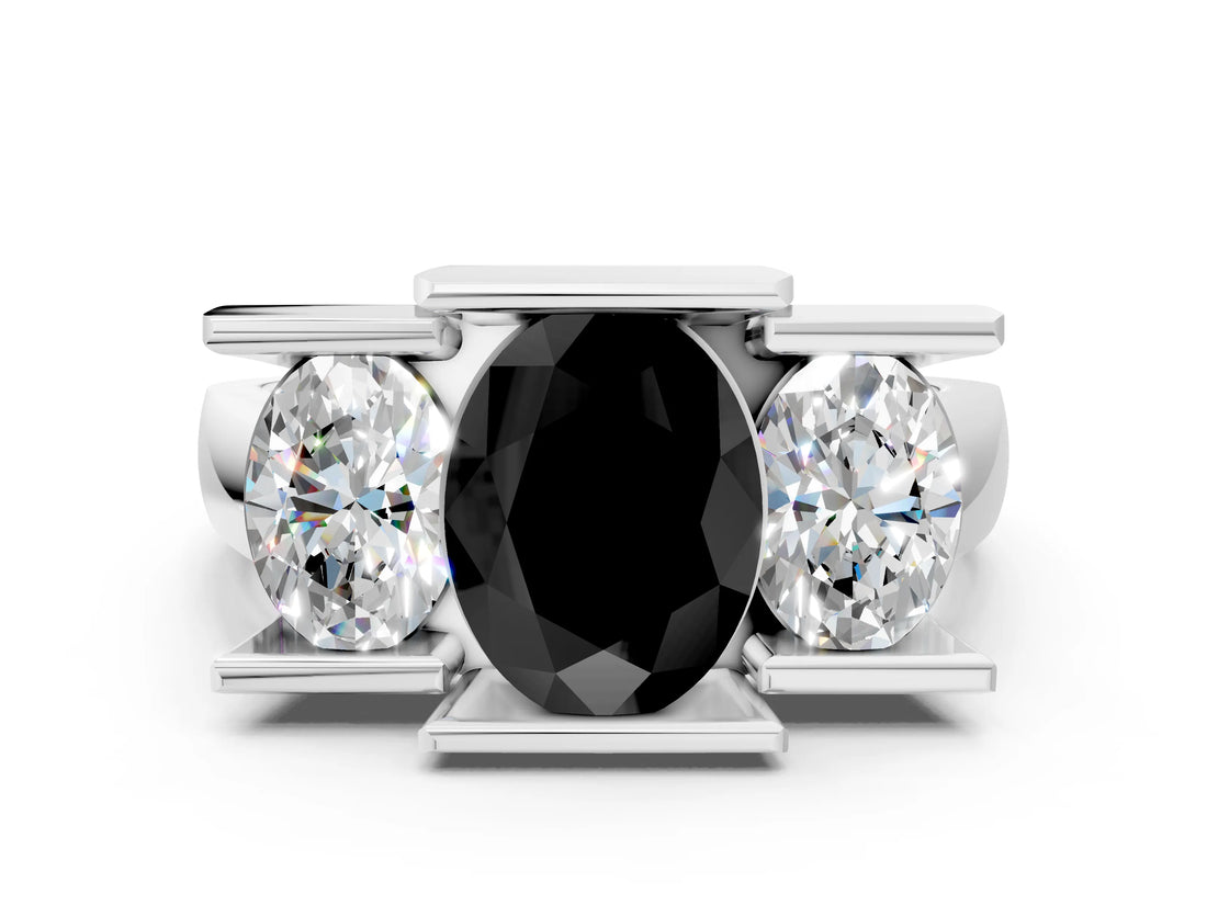 White gold Three Stone Fancy Black Oval Cut Cut Channel Set Diamond Ring_24