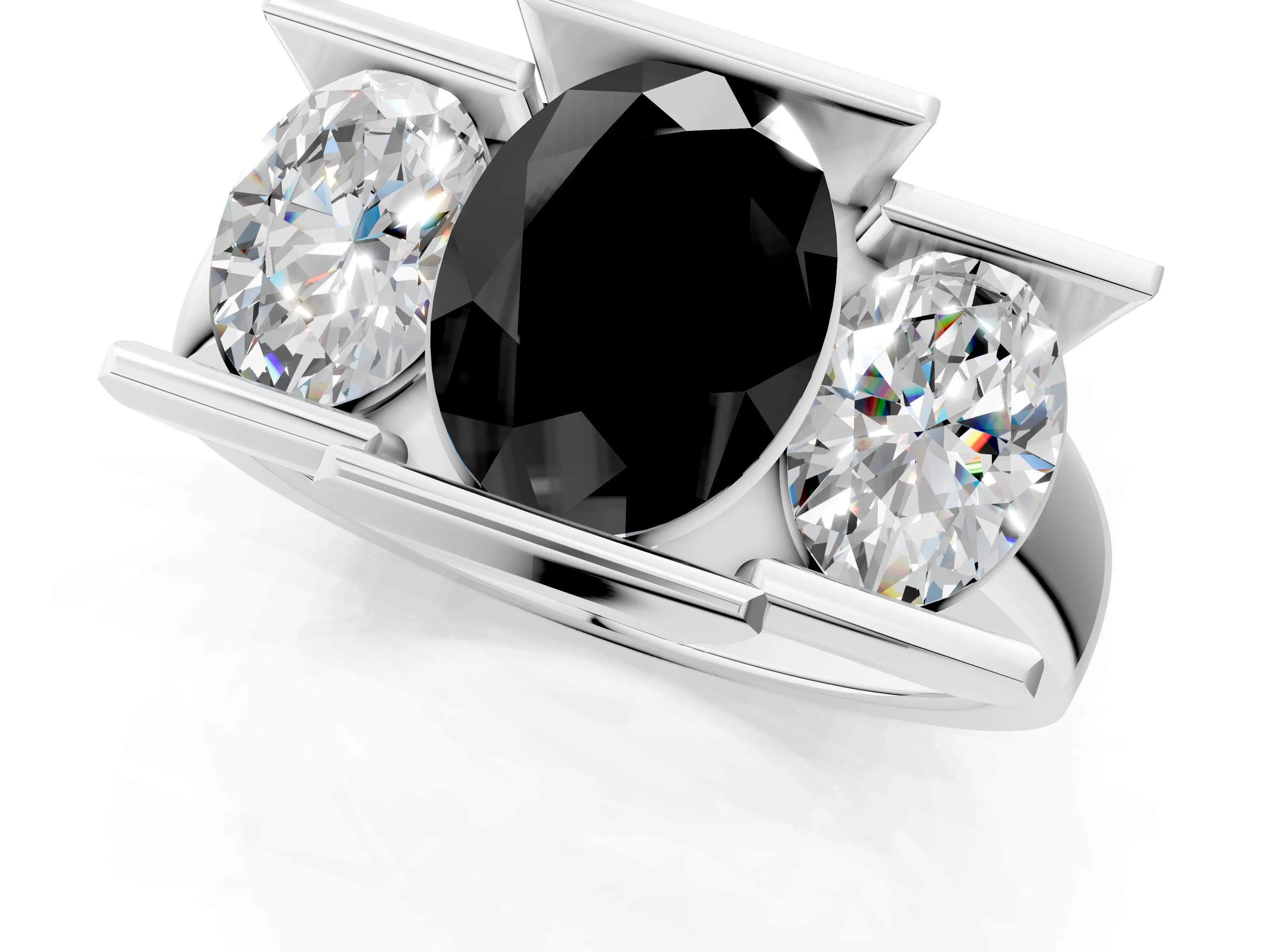 White gold Three Stone Fancy Black Oval Cut Cut Channel Set Diamond Ring_25