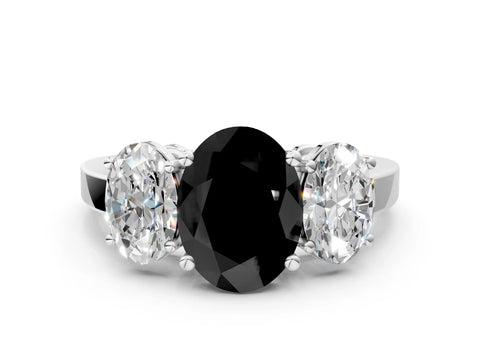 White gold Three-Stone Fancy Black Oval Cut Cut Diamond Engagement Ring with Flat Band and Four-Prong Setting_12