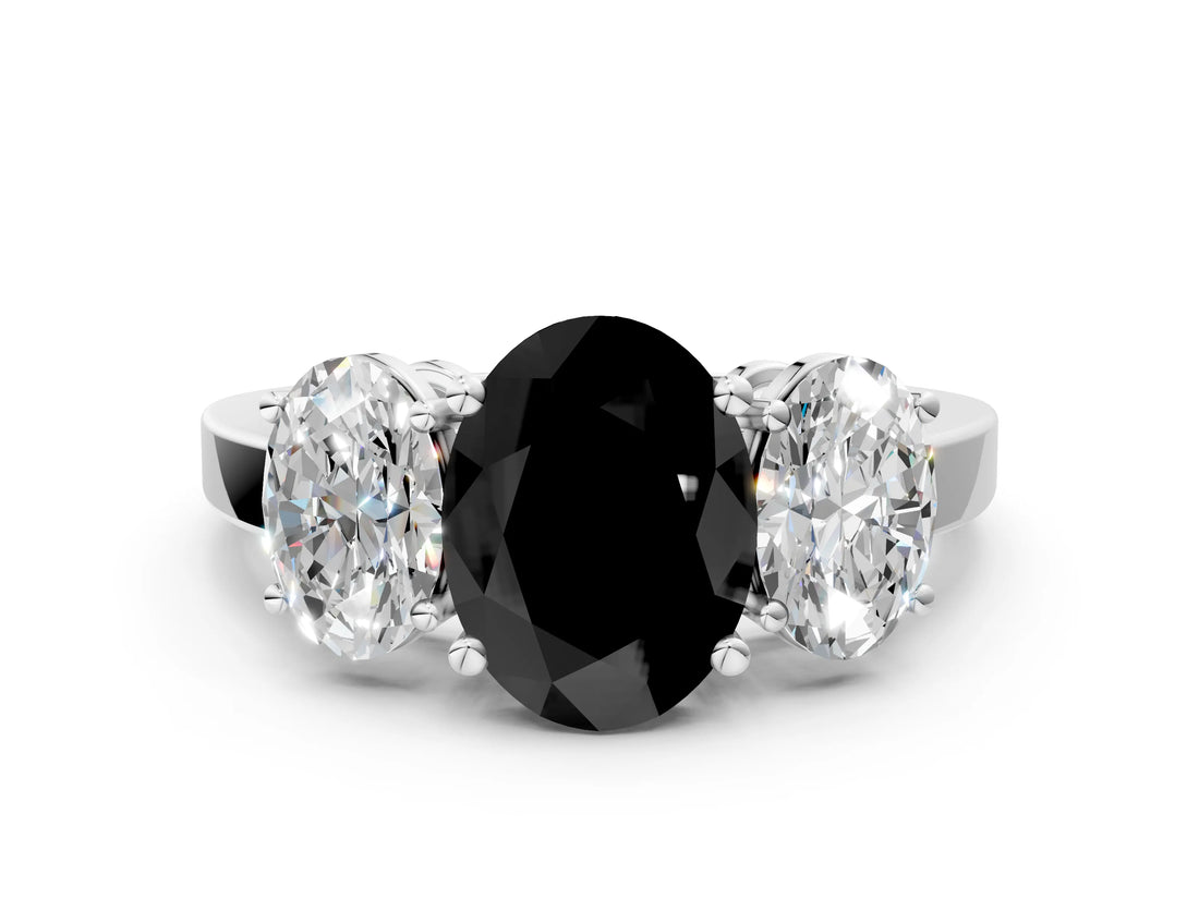White gold Three-Stone Fancy Black Oval Cut Cut Diamond Engagement Ring with Flat Band and Four-Prong Setting_18