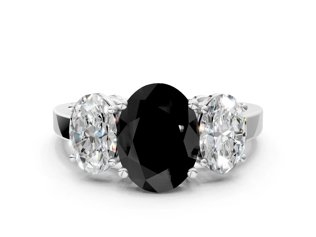 White gold Three-Stone Fancy Black Oval Cut Cut Diamond Engagement Ring with Flat Band and Four-Prong Setting_18