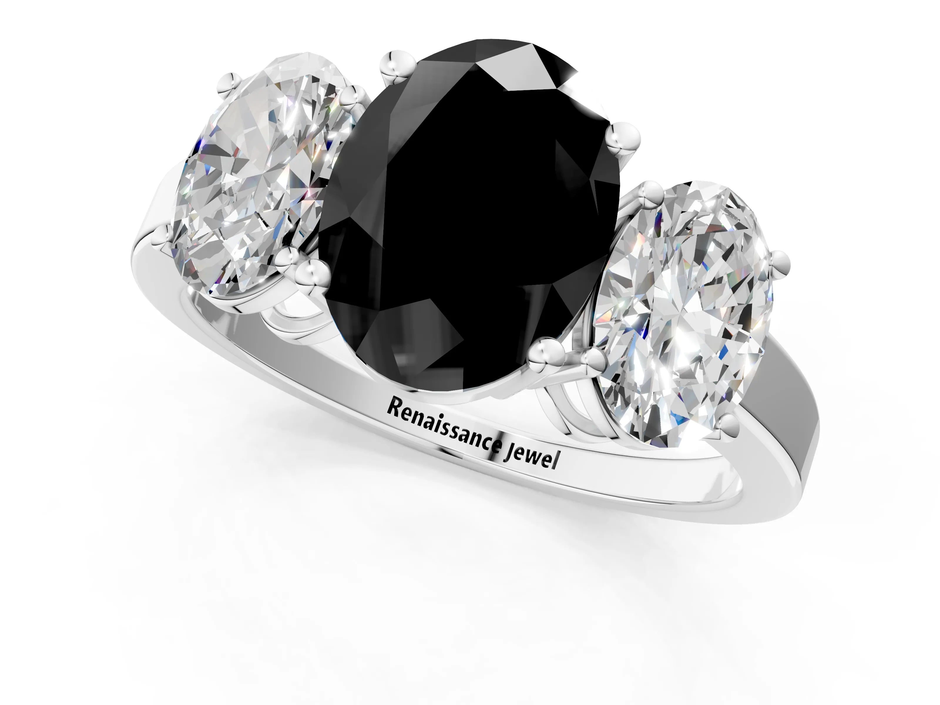 White gold Three-Stone Fancy Black Oval Cut Cut Diamond Engagement Ring with Flat Band and Four-Prong Setting_19