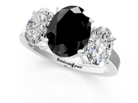 White gold Three-Stone Fancy Black Oval Cut Cut Diamond Engagement Ring with Flat Band and Four-Prong Setting_19