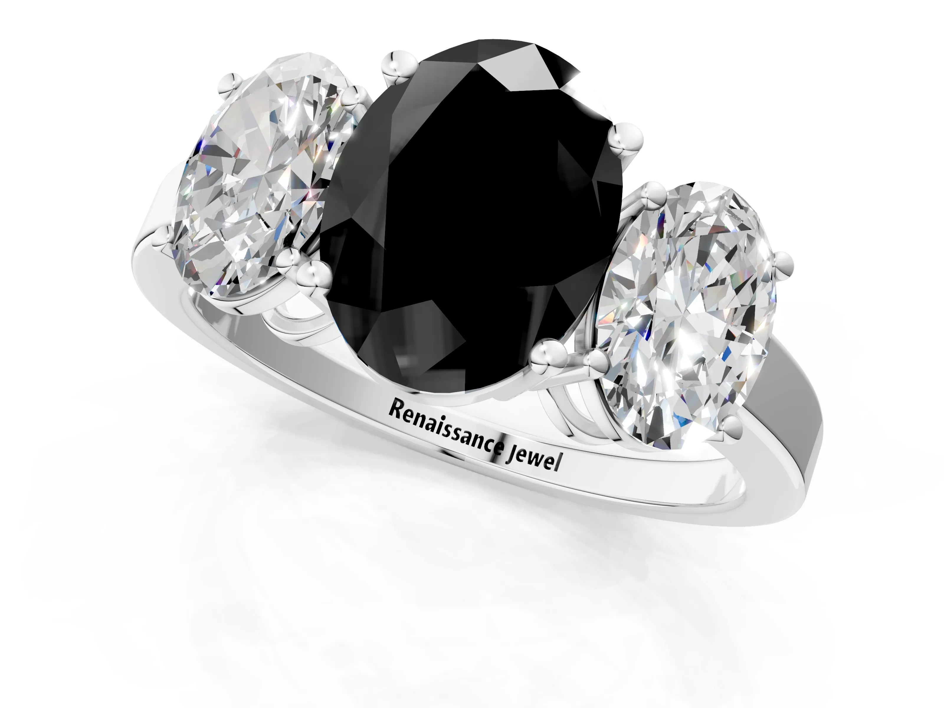 White gold Three-Stone Fancy Black Oval Cut Cut Diamond Engagement Ring with Flat Band and Four-Prong Setting_1