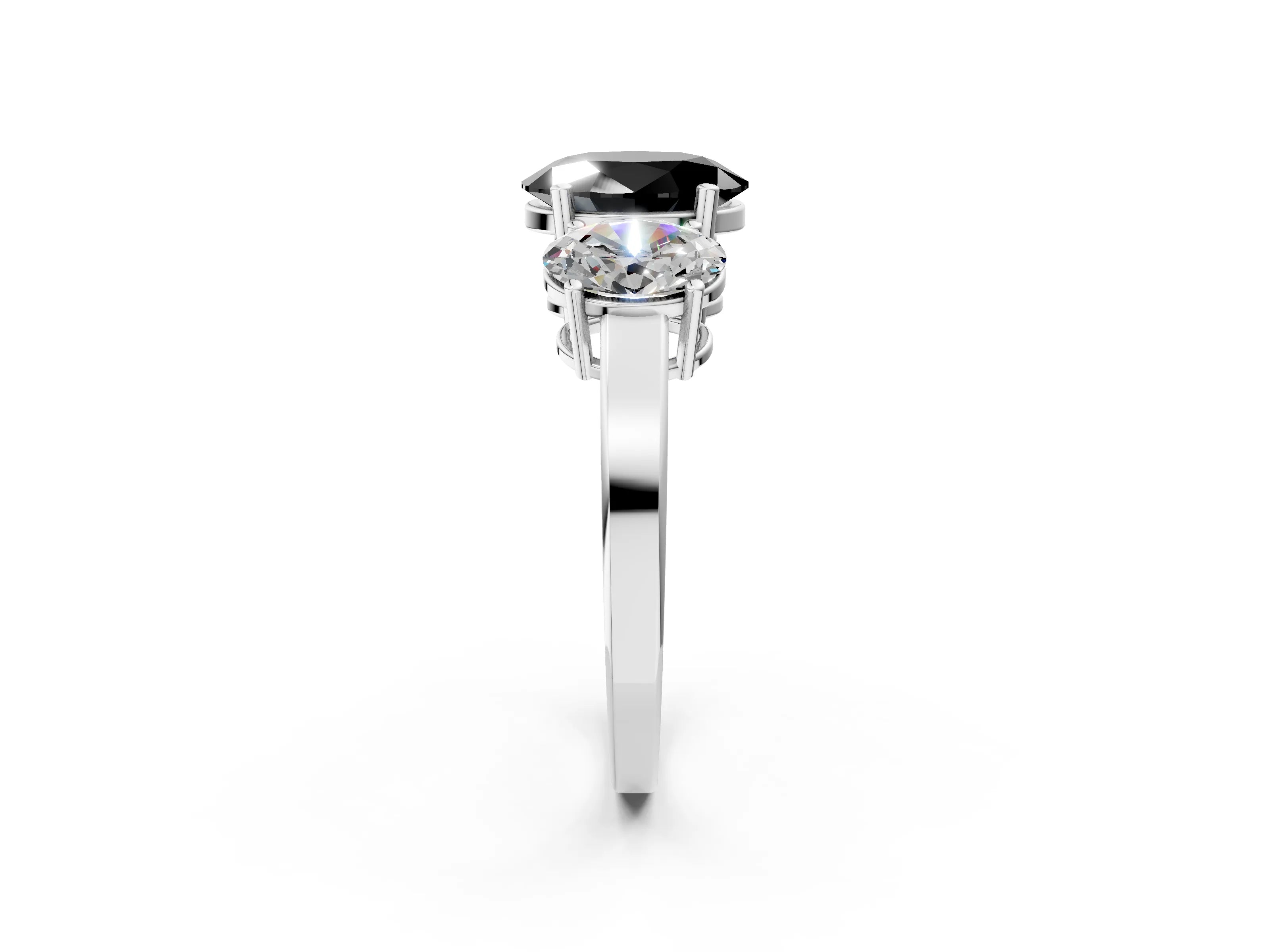 White gold Three-Stone Fancy Black Oval Cut Cut Diamond Engagement Ring with Flat Band and Four-Prong Setting_2