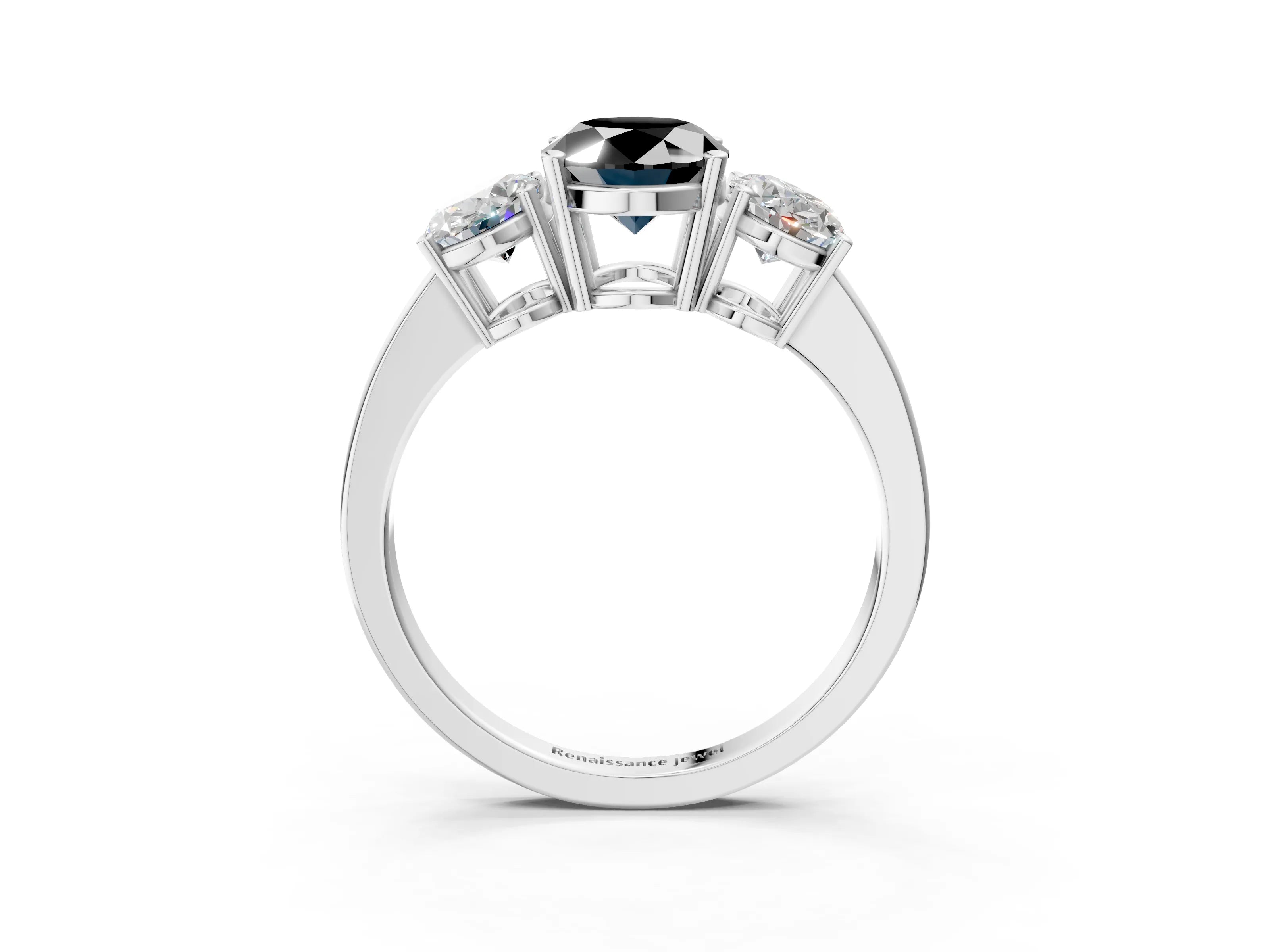 White gold Three-Stone Fancy Black Oval Cut Cut Diamond Engagement Ring with Flat Band and Four-Prong Setting_3