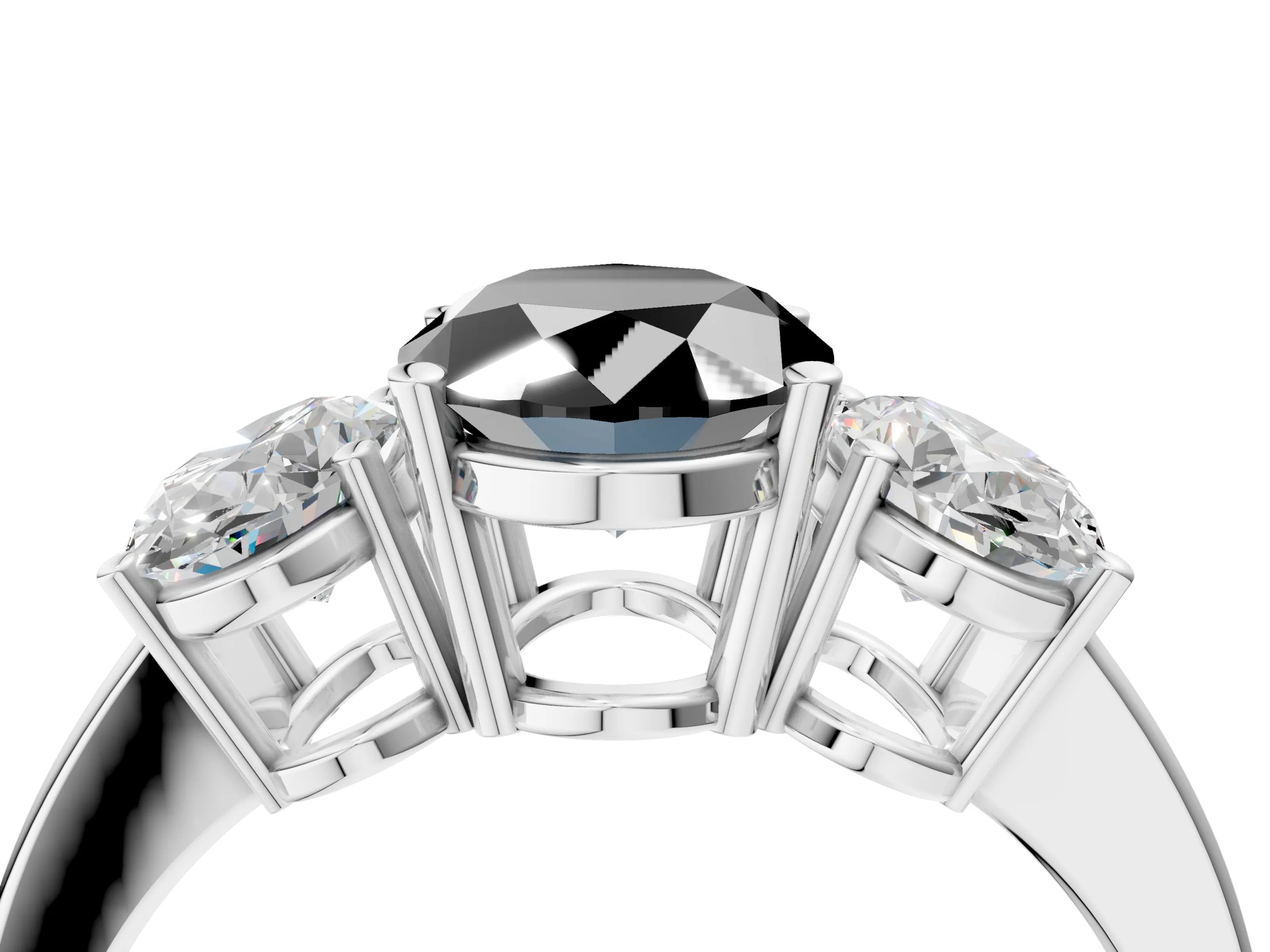 White gold Three-Stone Fancy Black Oval Cut Cut Diamond Engagement Ring with Flat Band and Four-Prong Setting_4