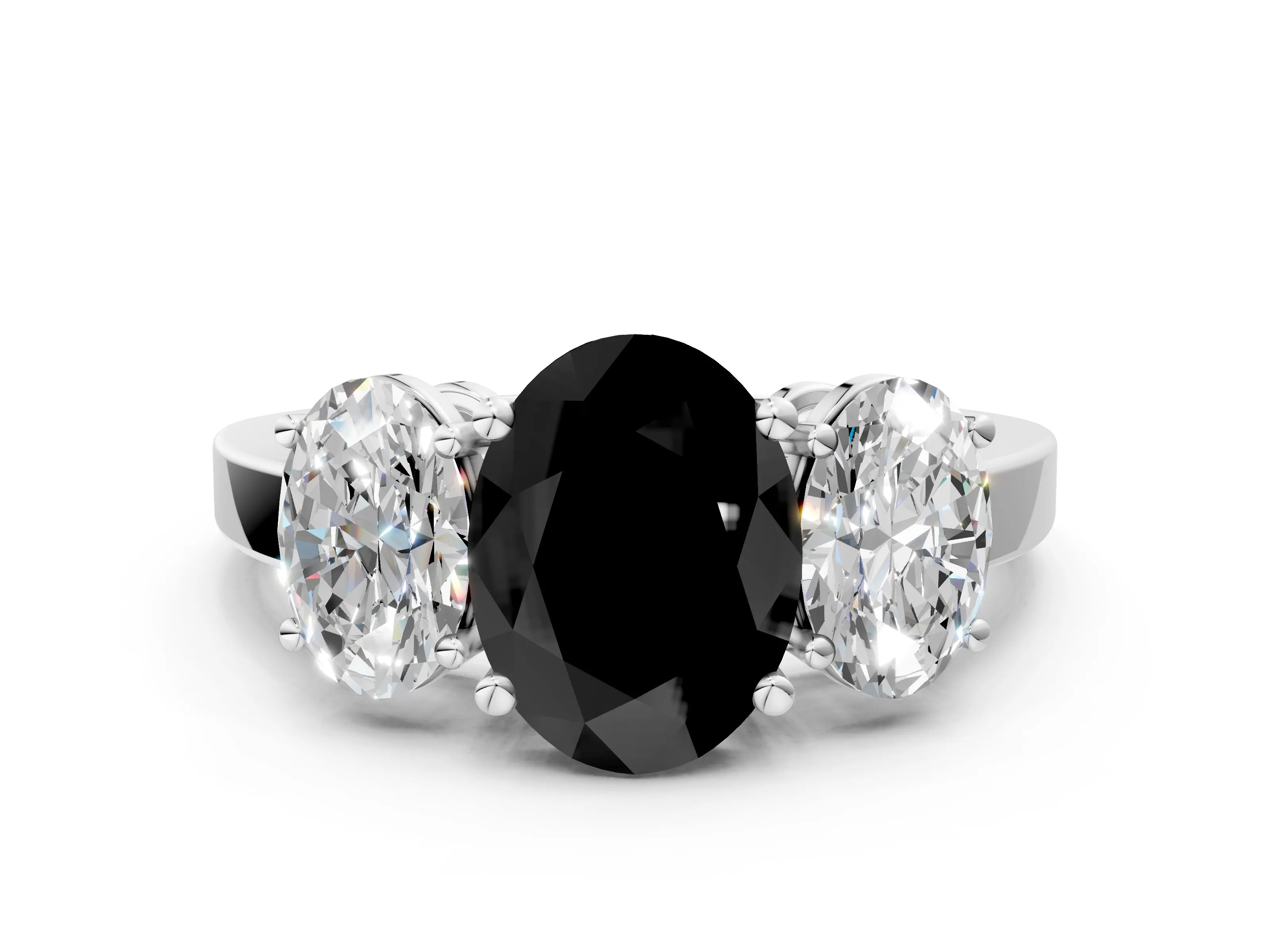 White gold Three-Stone Fancy Black Oval Cut Cut Diamond Engagement Ring with Flat Band and Four-Prong Setting