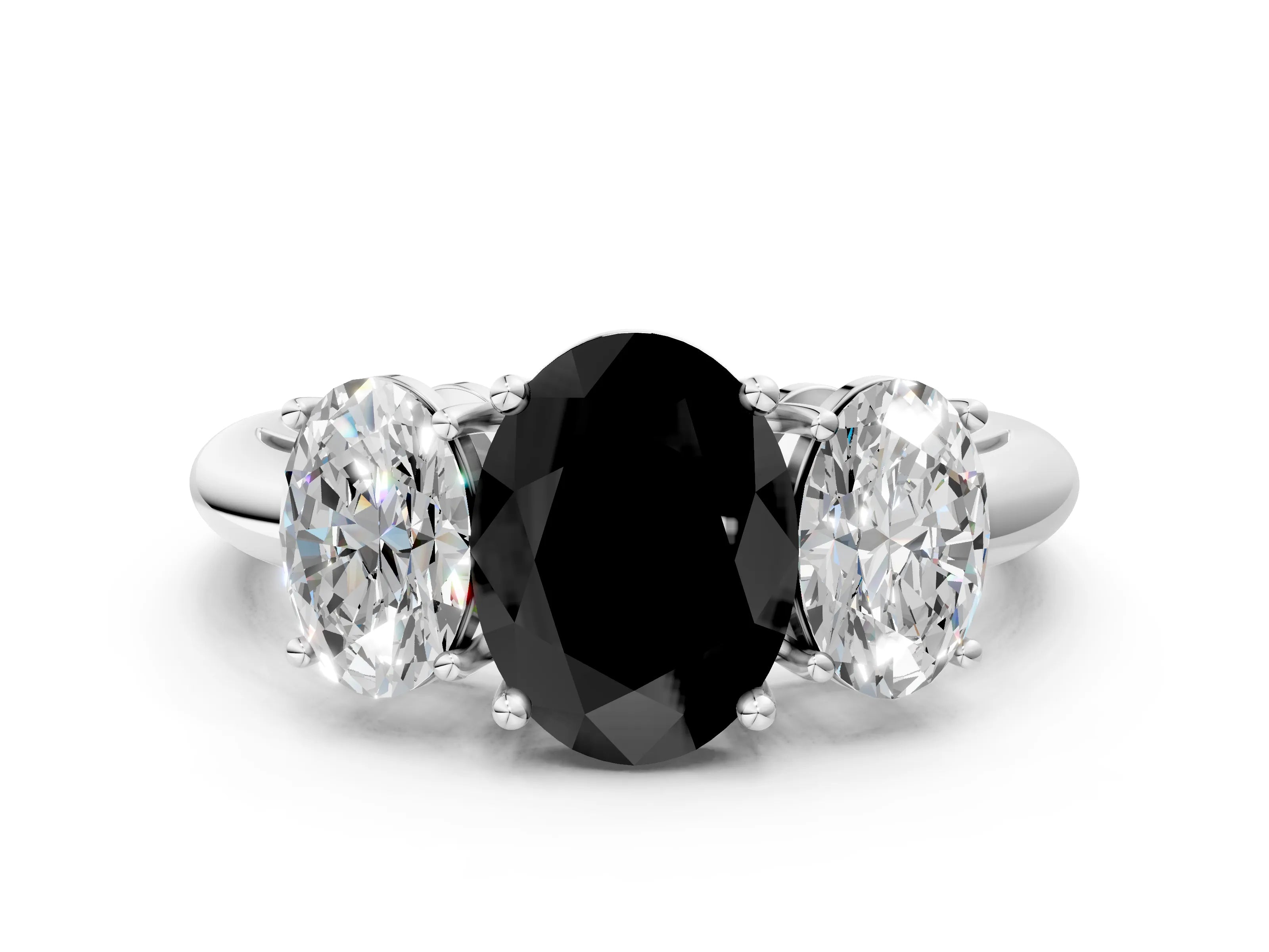 White gold Three-Stone Fancy Black Oval Cut Cut Diamond Engagement Ring with Prong Setting on a White Gold Band_12