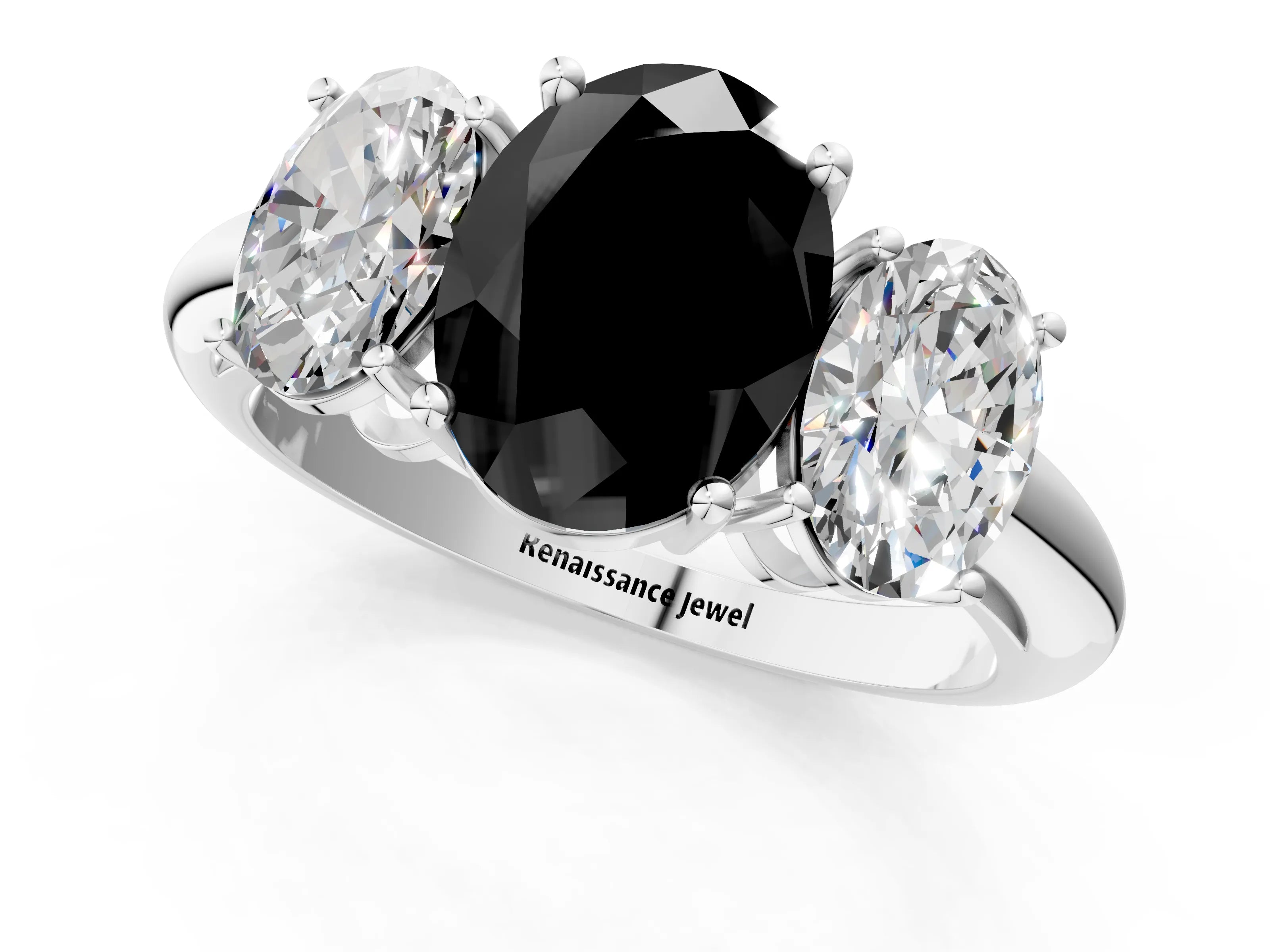 White gold Three-Stone Fancy Black Oval Cut Cut Diamond Engagement Ring with Prong Setting on a White Gold Band_13