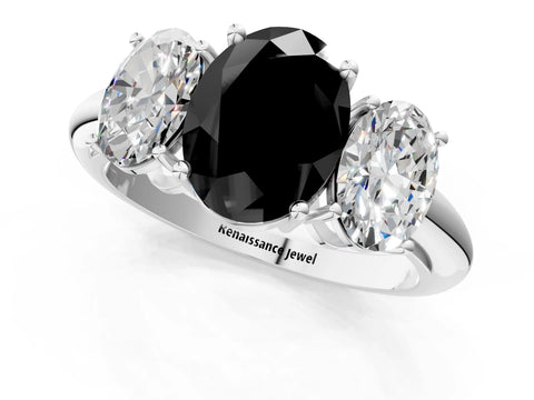 White gold Three-Stone Fancy Black Oval Cut Cut Diamond Engagement Ring with Prong Setting on a White Gold Band_13