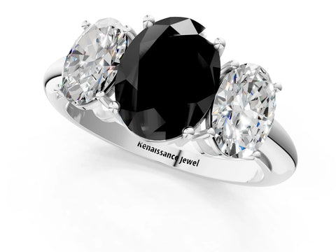 White gold Three-Stone Fancy Black Oval Cut Cut Diamond Engagement Ring with Prong Setting on a White Gold Band_13