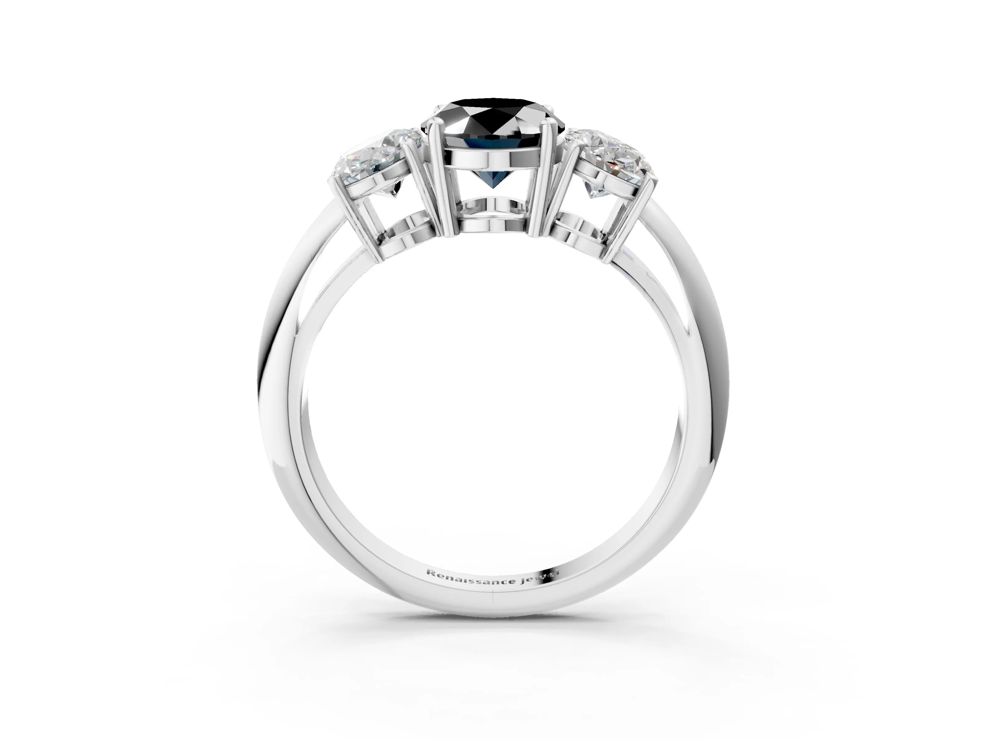 White gold Three-Stone Fancy Black Oval Cut Cut Diamond Engagement Ring with Prong Setting on a White Gold Band_15