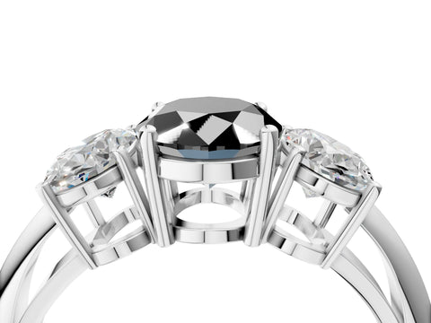 White gold Three-Stone Fancy Black Oval Cut Cut Diamond Engagement Ring with Prong Setting on a White Gold Band_16
