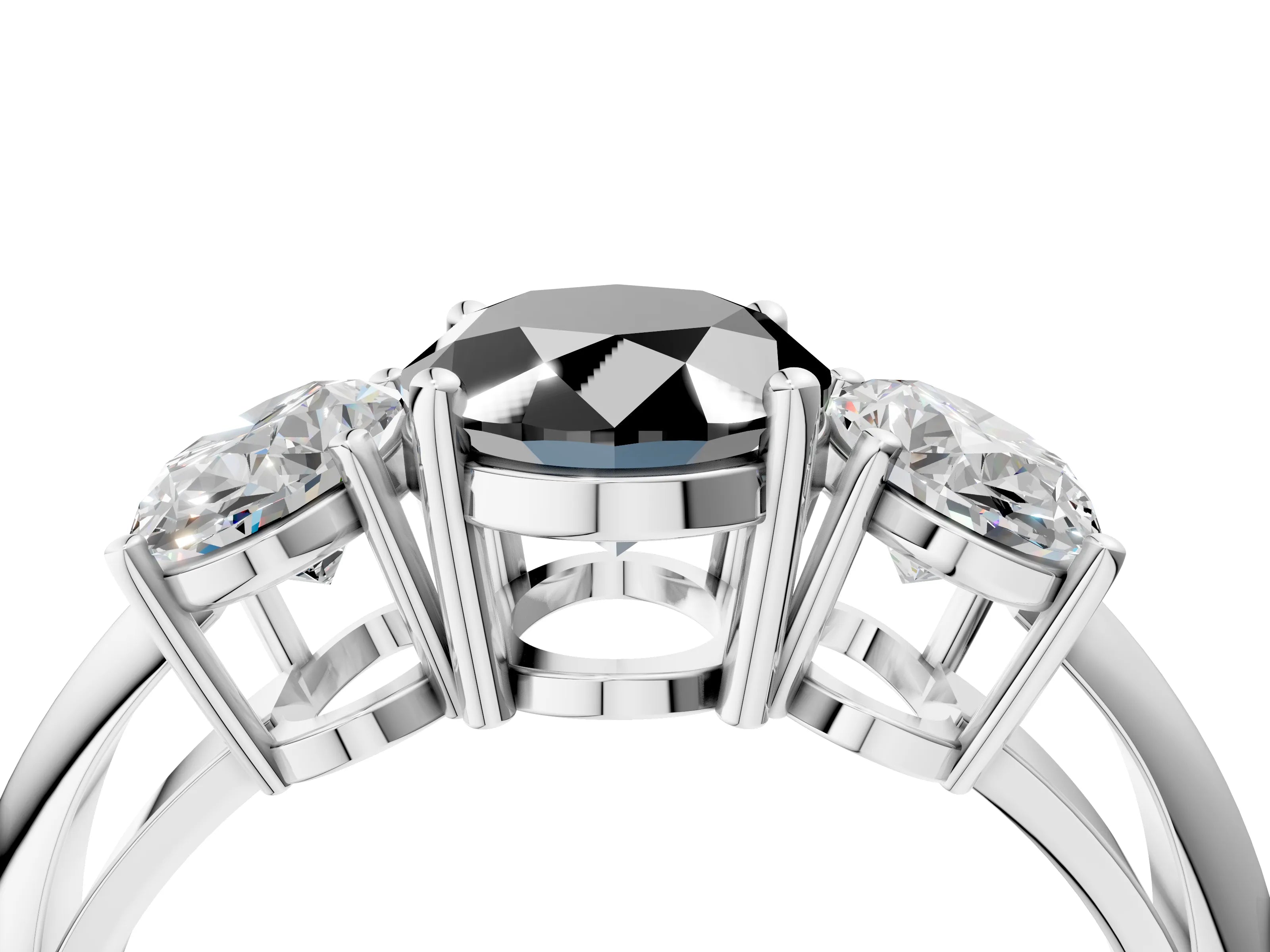 White gold Three-Stone Fancy Black Oval Cut Cut Diamond Engagement Ring with Prong Setting on a White Gold Band_16