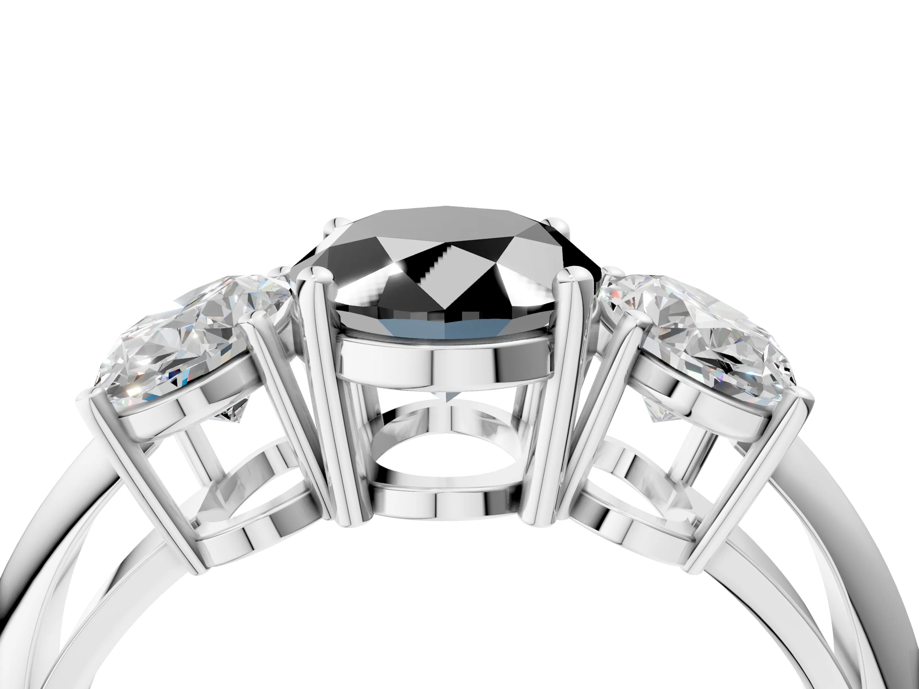 White gold Three-Stone Fancy Black Oval Cut Cut Diamond Engagement Ring with Prong Setting on a White Gold Band_16