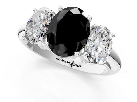 White gold Three-Stone Fancy Black Oval Cut Cut Diamond Engagement Ring with Prong Setting on a White Gold Band_25