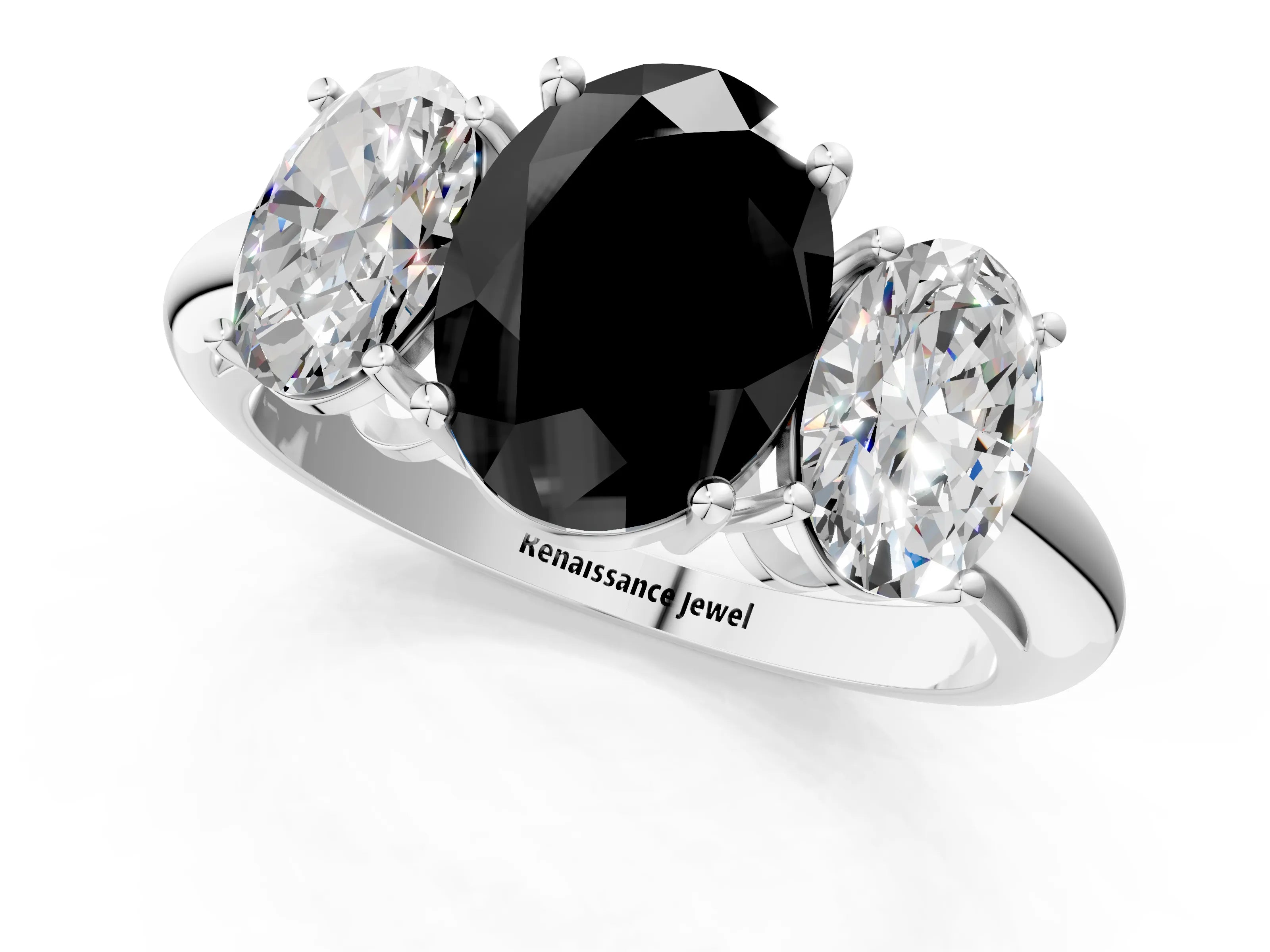 White gold Three-Stone Fancy Black Oval Cut Cut Diamond Engagement Ring with Prong Setting on a White Gold Band_37