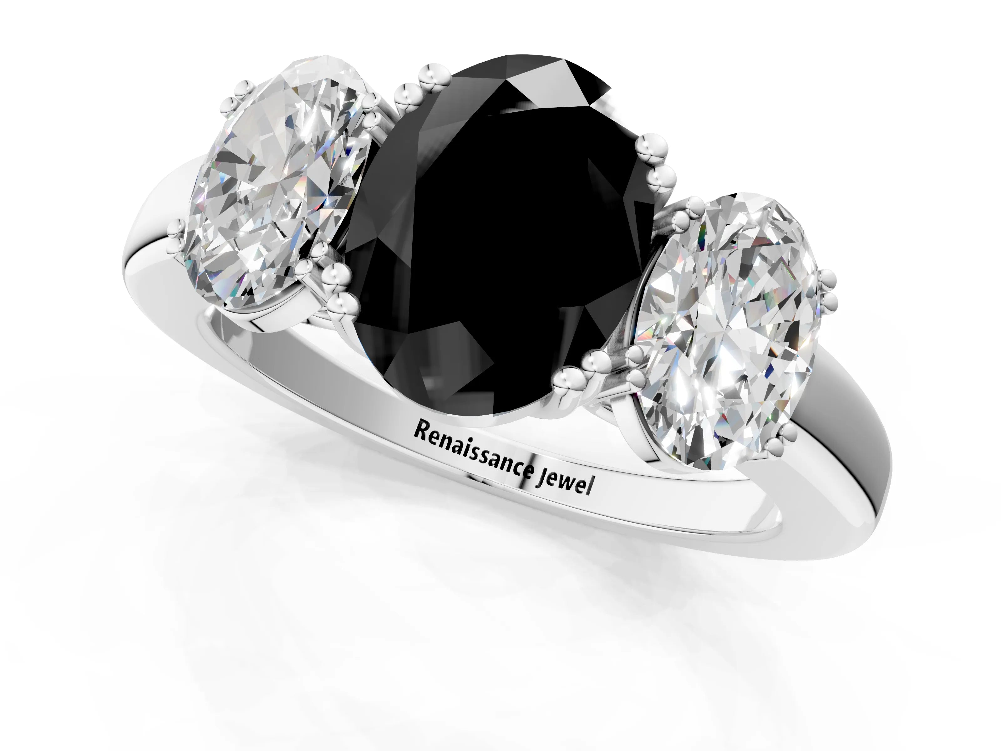 White gold Three-Stone Fancy Black Oval Cut Cut Diamond Ring with Channel Set Band and Four-Prong Setting_1