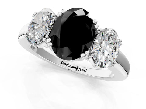 White gold Three-Stone Fancy Black Oval Cut Cut Diamond Ring with Channel Set Band and Four-Prong Setting_1