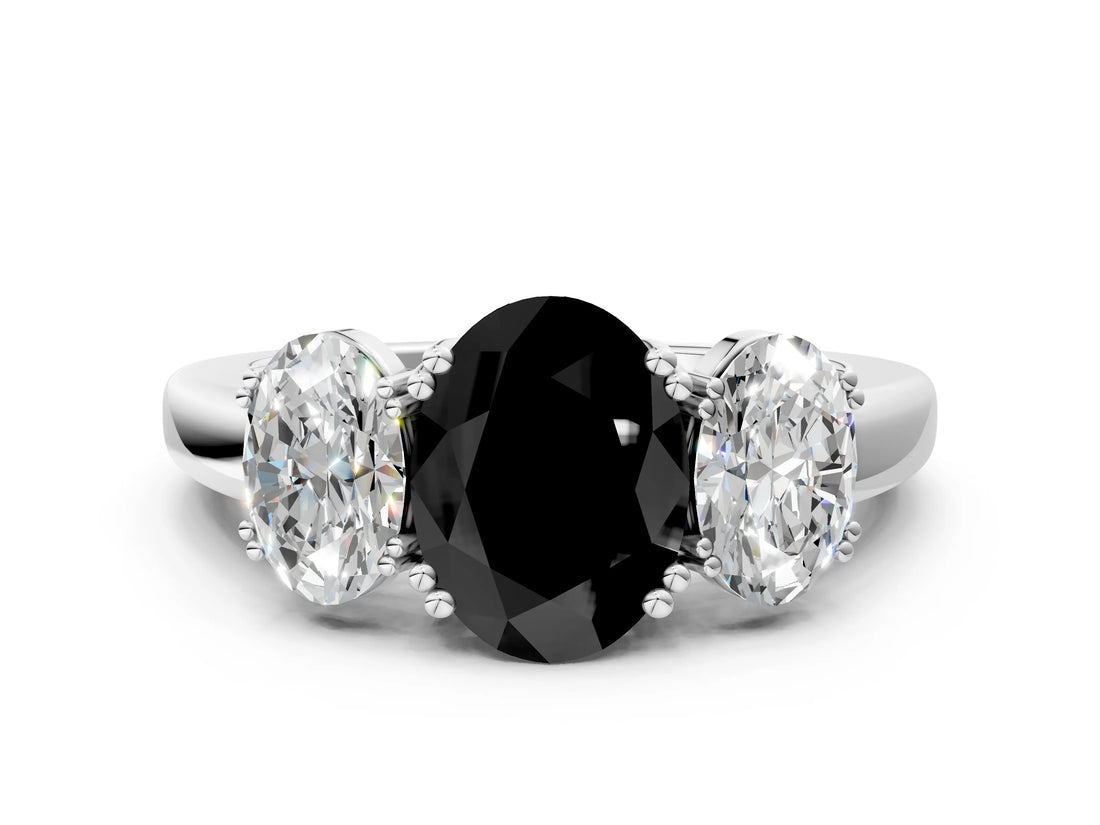 White gold Three-Stone Fancy Black Oval Cut Cut Diamond Ring with Channel Set Band and Four-Prong Setting_60