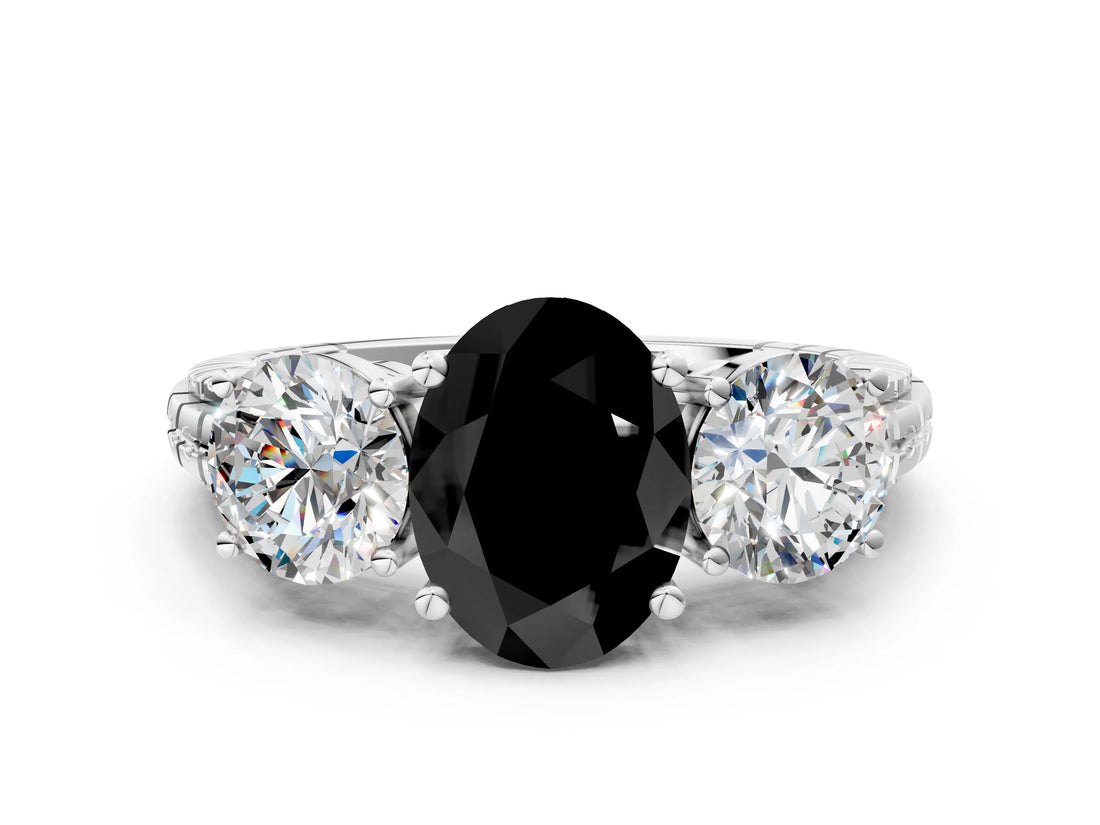 White gold Three-Stone Fancy Black Oval Cut Cut Diamond Ring with Channel-Set Band and Prong Setting