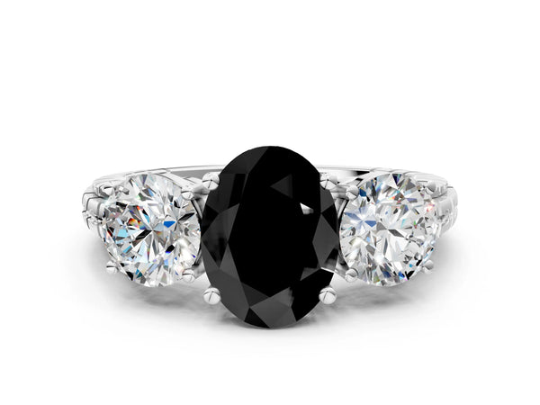 Platinum Oval Three-Stone Engagement Ring Setting for Black Center with Engraved Notched Band