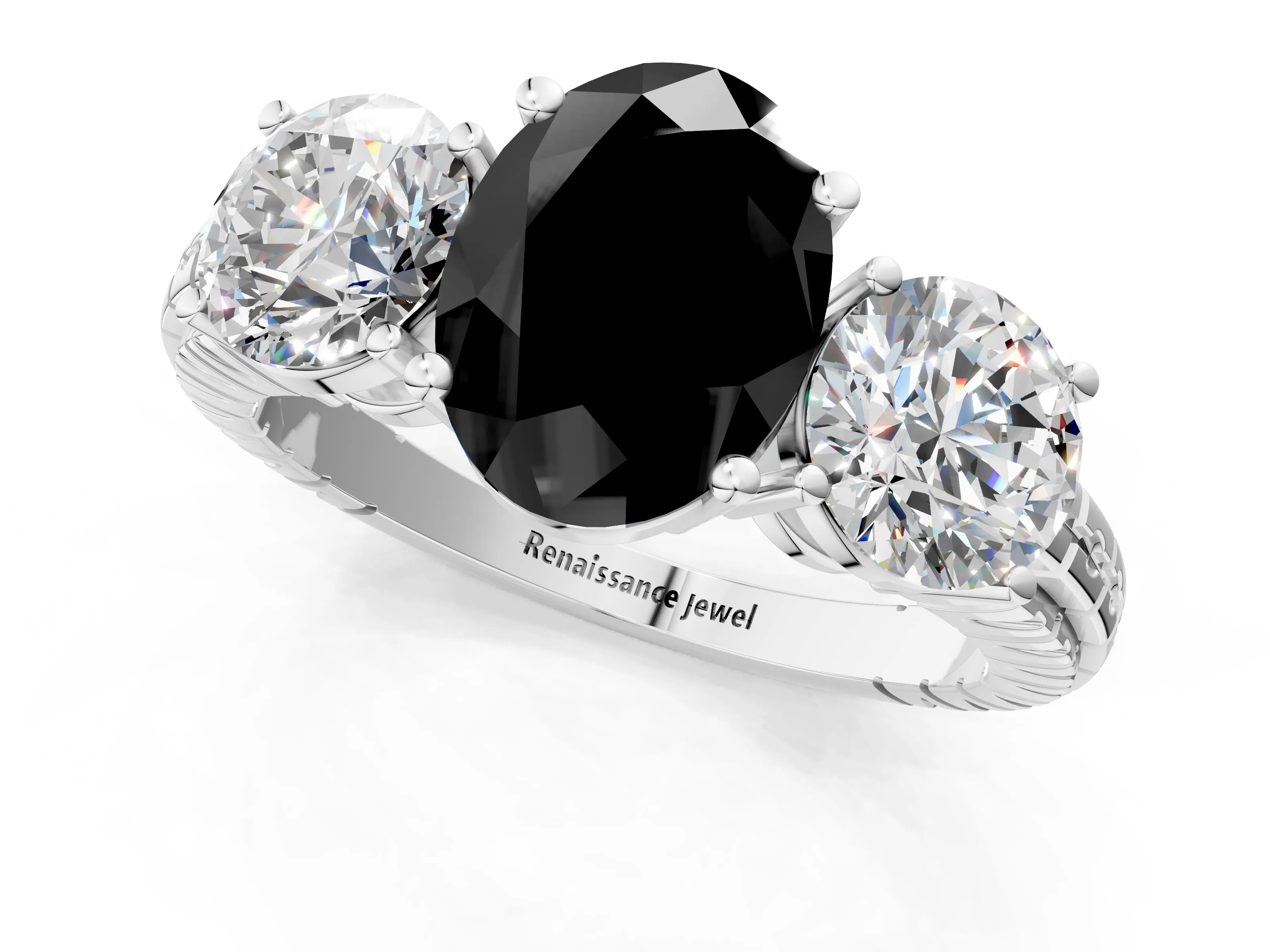 White gold Three-Stone Fancy Black Oval Cut Cut Diamond Ring with Channel-Set Band and Prong Setting_1