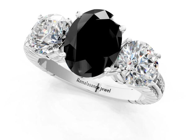 Platinum Oval Three-Stone Engagement Ring Setting for Black Center with Engraved Notched Band