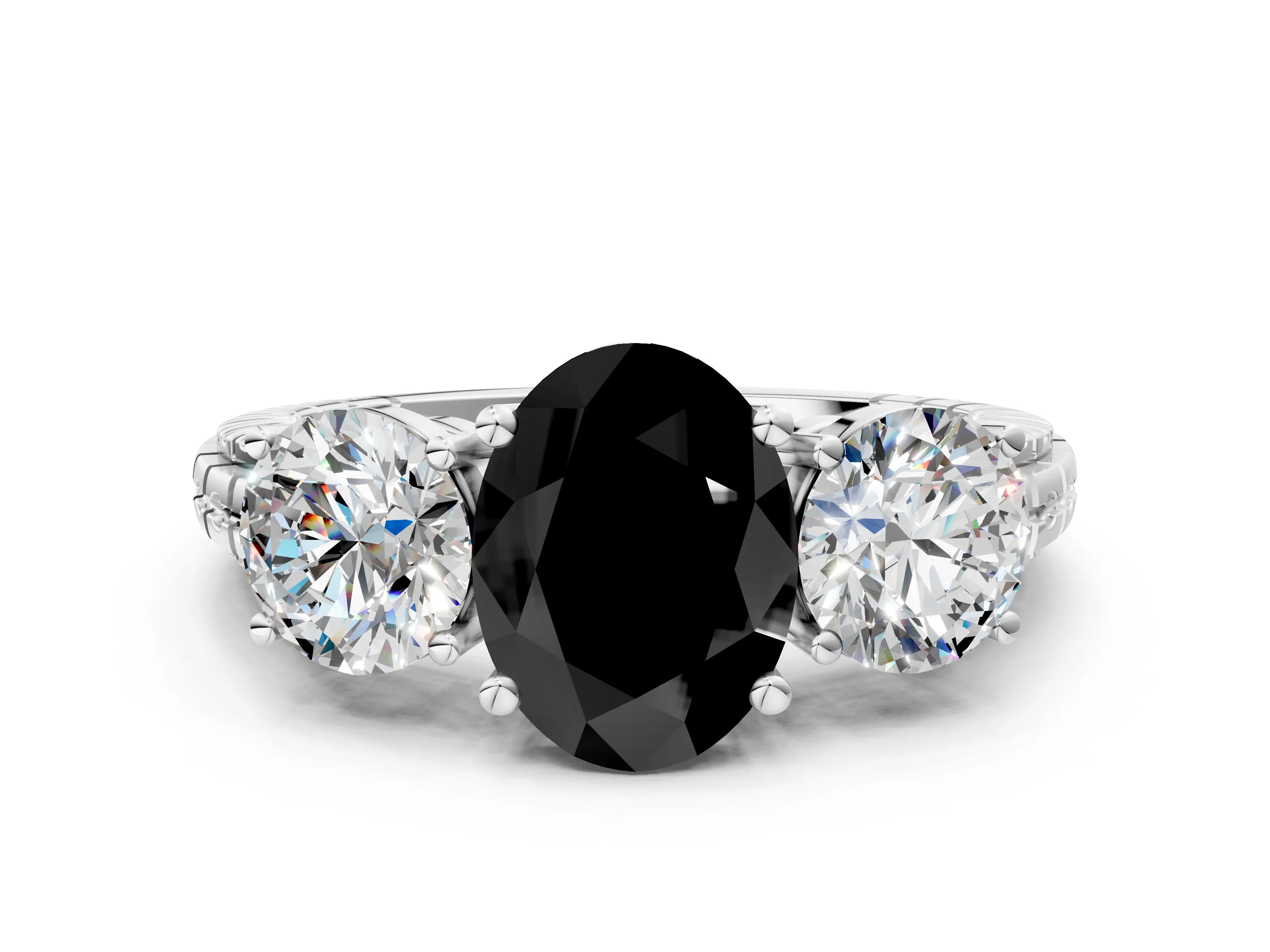 White gold Three-Stone Fancy Black Oval Cut Cut Diamond Ring with Channel-Set Band and Prong Setting
