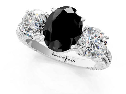 White gold Three-Stone Fancy Black Oval Cut Cut Diamond Ring with Channel-Set Band and Prong Setting_1
