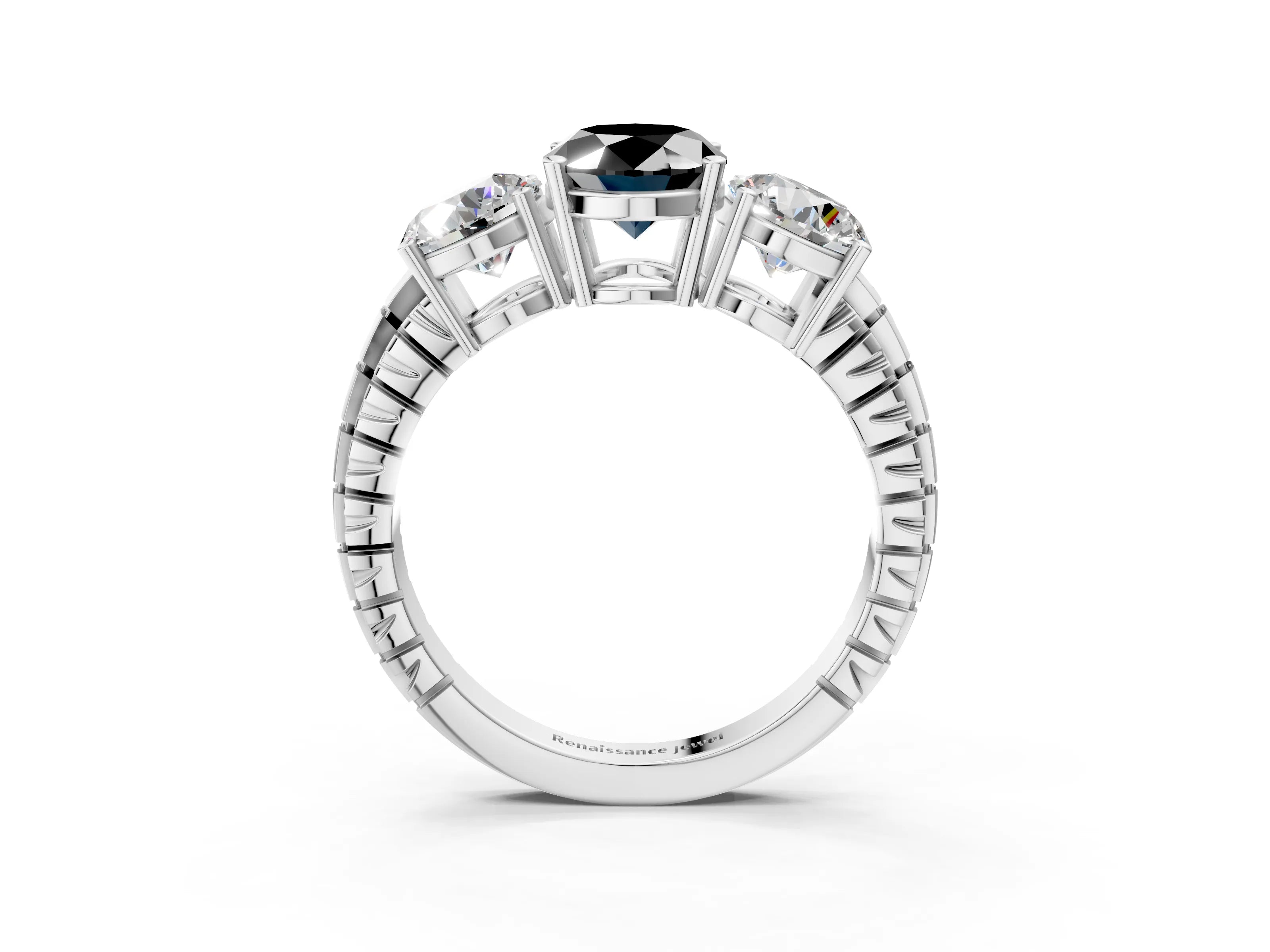 White gold Three-Stone Fancy Black Oval Cut Cut Diamond Ring with Channel-Set Band and Prong Setting_3