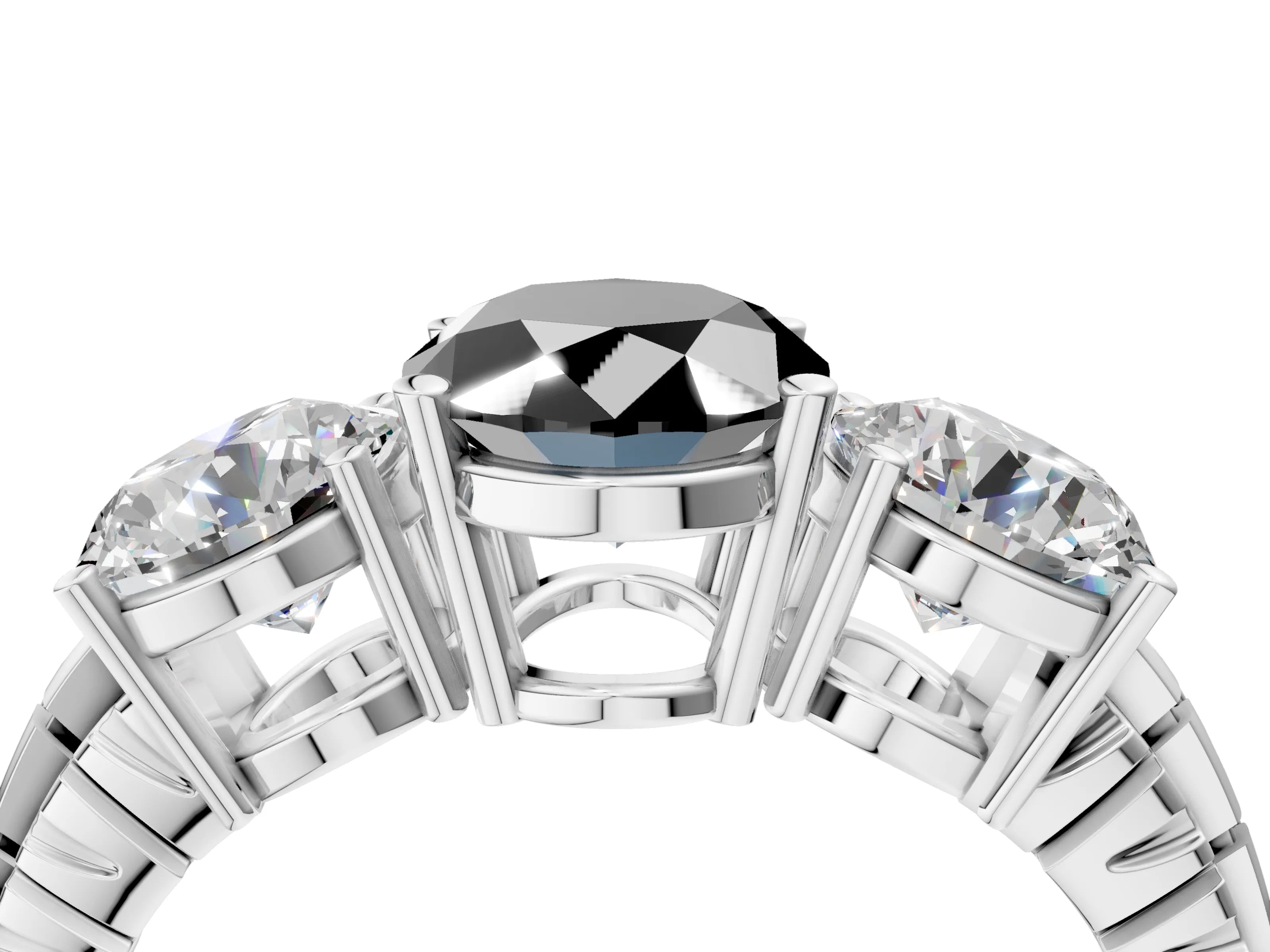White gold Three-Stone Fancy Black Oval Cut Cut Diamond Ring with Channel-Set Band and Prong Setting_4