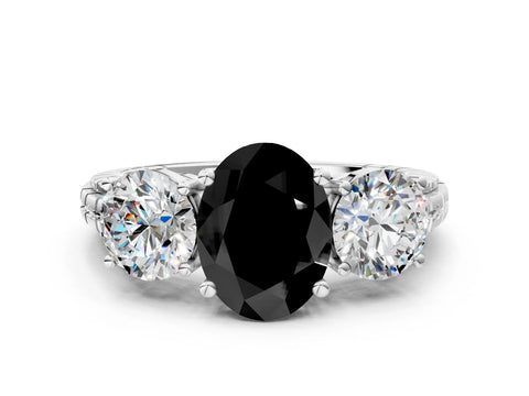 White gold Three-Stone Fancy Black Oval Cut Cut Diamond Ring with Channel-Set Band and Prong Setting