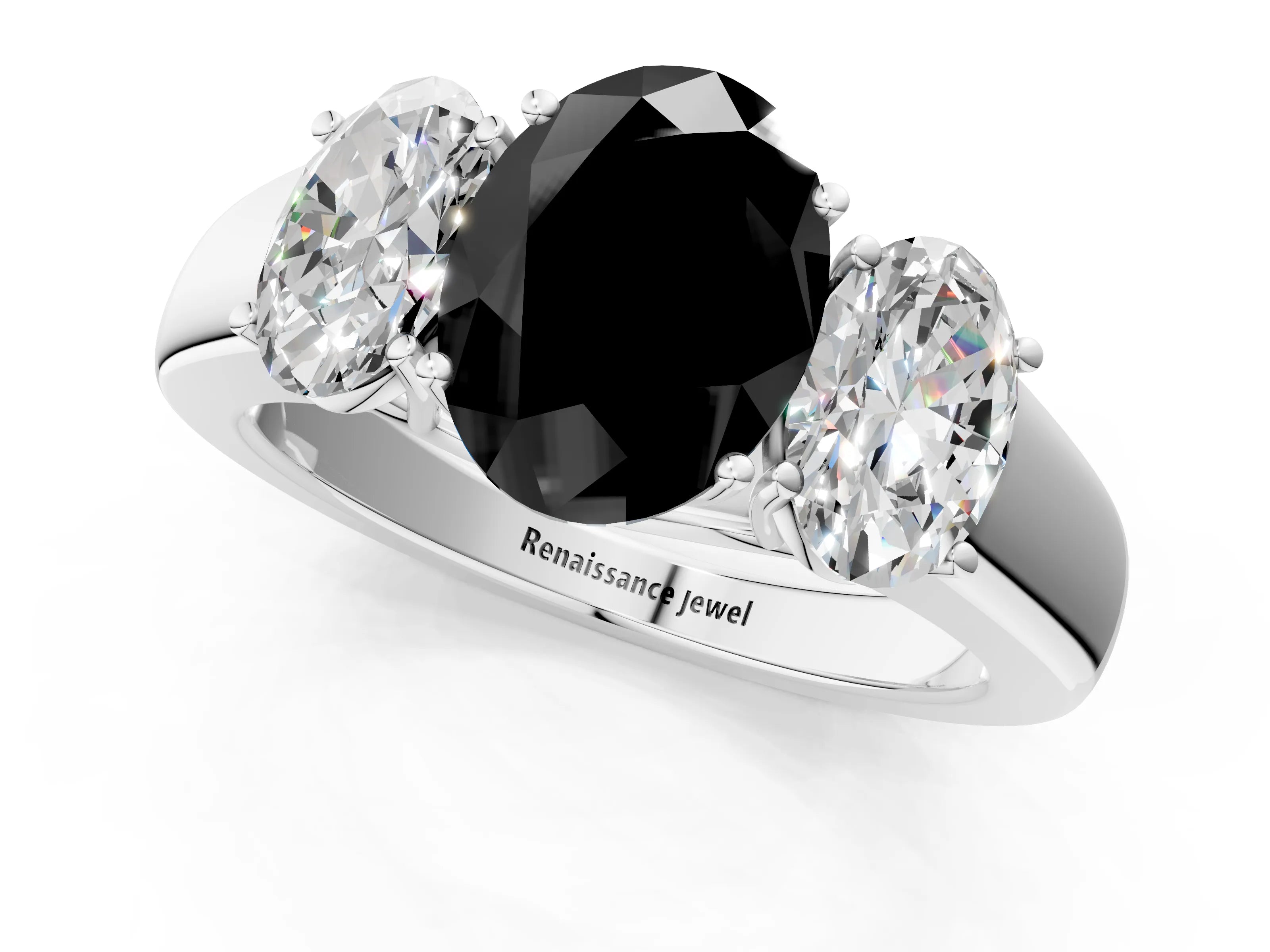 White gold Three-Stone Fancy Black Oval Cut Cut Diamond Ring with Prong Setting and Classic Band_1