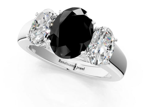 White gold Three-Stone Fancy Black Oval Cut Cut Diamond Ring with Prong Setting and Classic Band_1