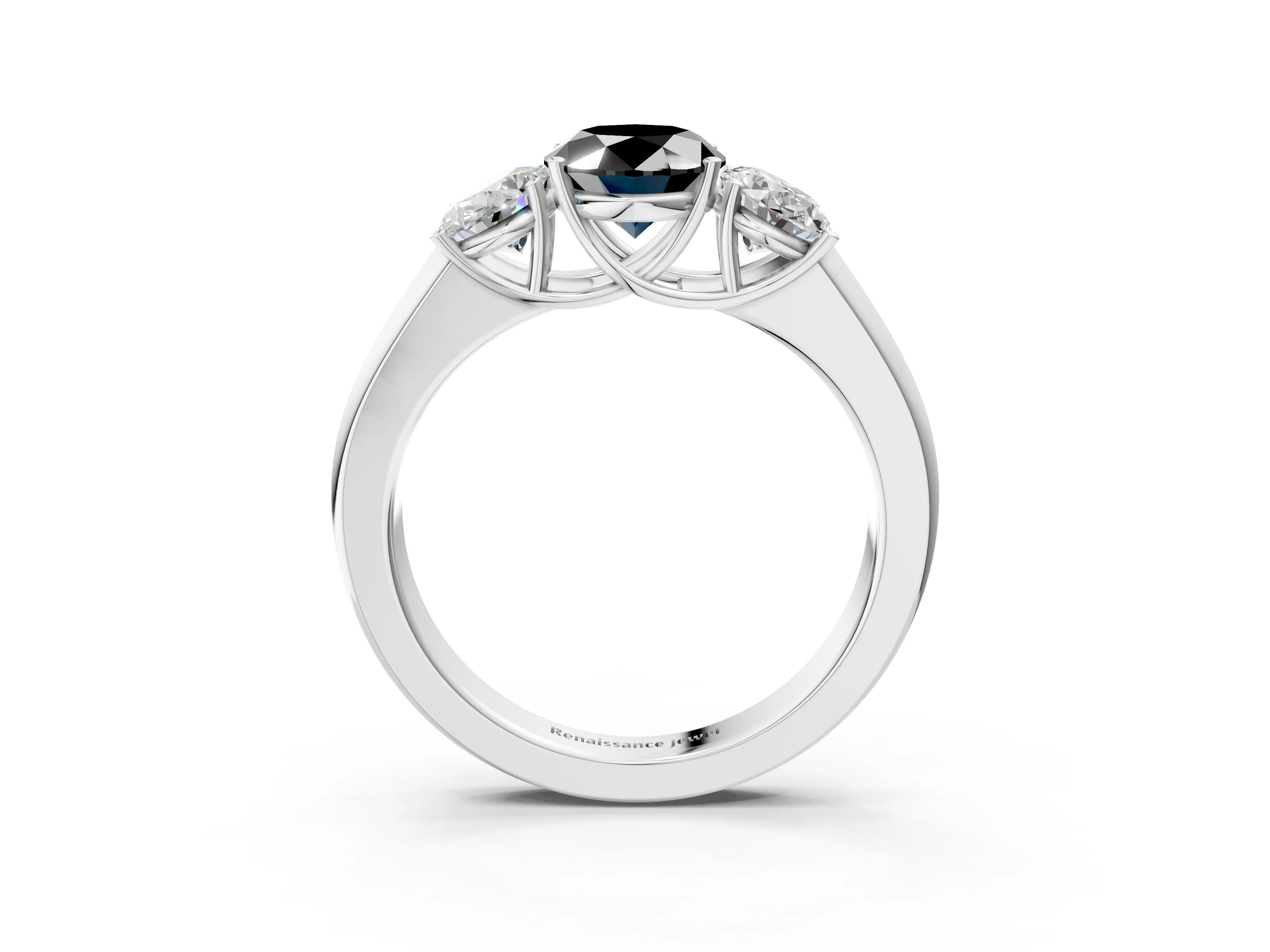 White gold Three-Stone Fancy Black Oval Cut Cut Diamond Ring with Prong Setting and Classic Band_3