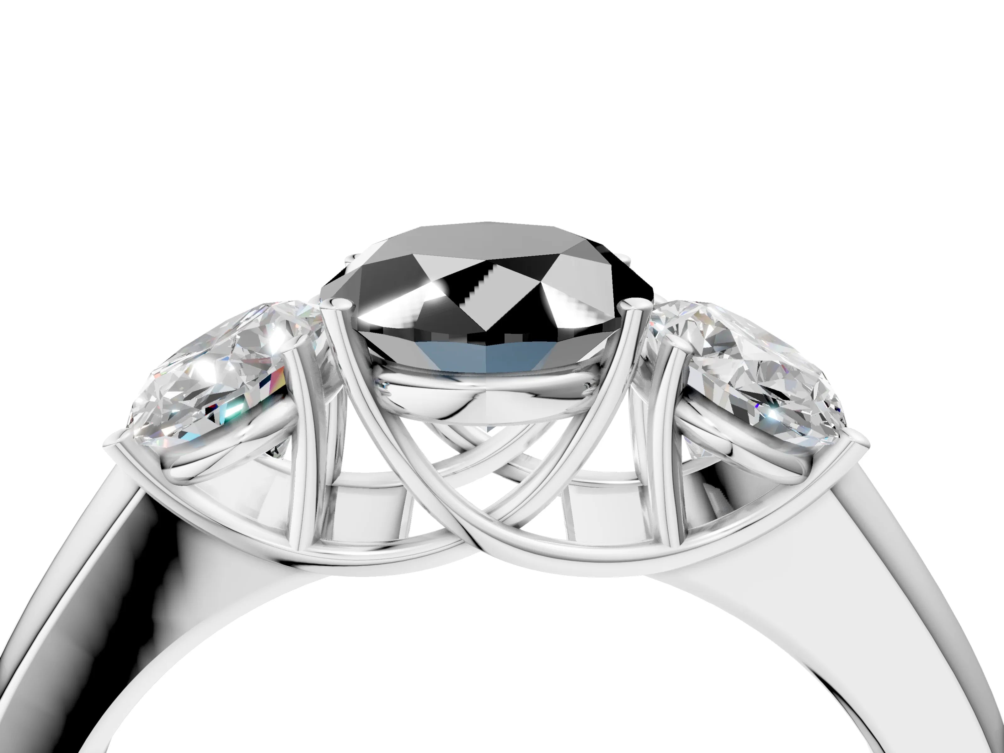 White gold Three-Stone Fancy Black Oval Cut Cut Diamond Ring with Prong Setting and Classic Band_4