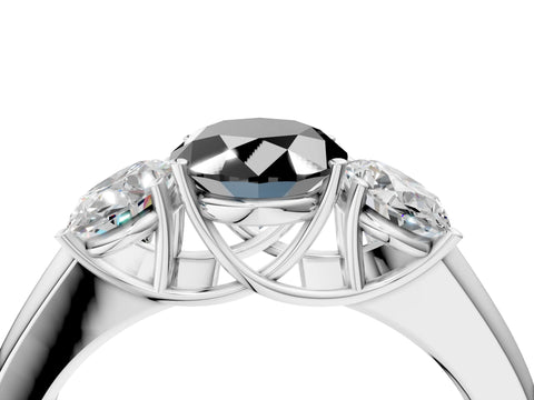 White gold Three-Stone Fancy Black Oval Cut Cut Diamond Ring with Prong Setting and Classic Band_4