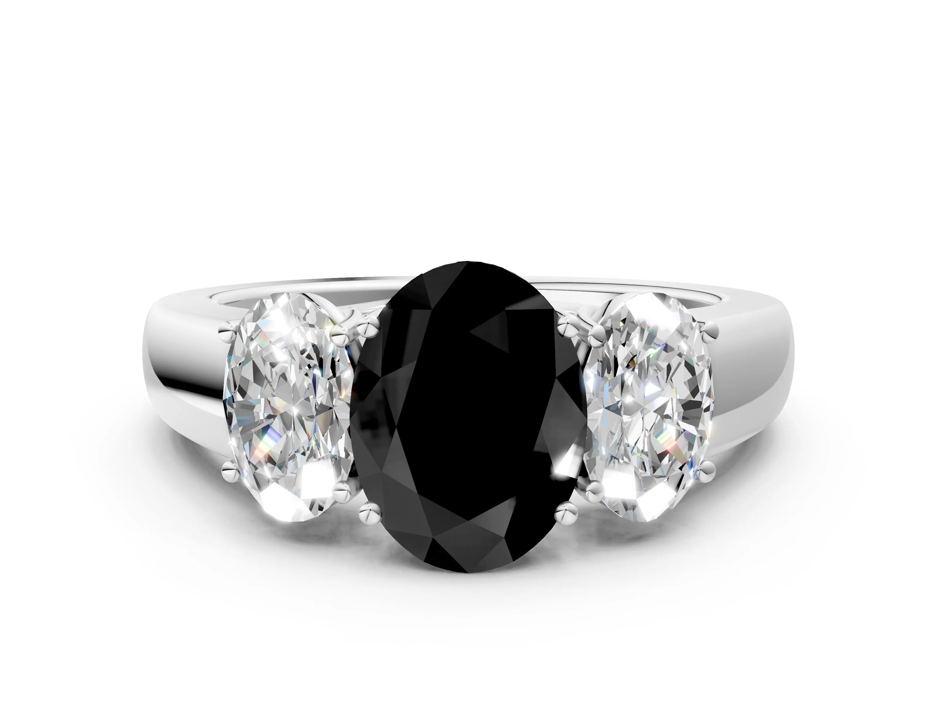 White gold Three-Stone Fancy Black Oval Cut Cut Diamond Ring with Prong Setting and Classic Band