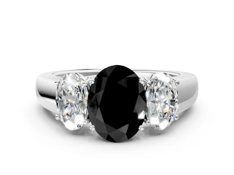 White gold Three-Stone Fancy Black Oval Cut Cut Diamond Ring with Prong Setting and Classic Band
