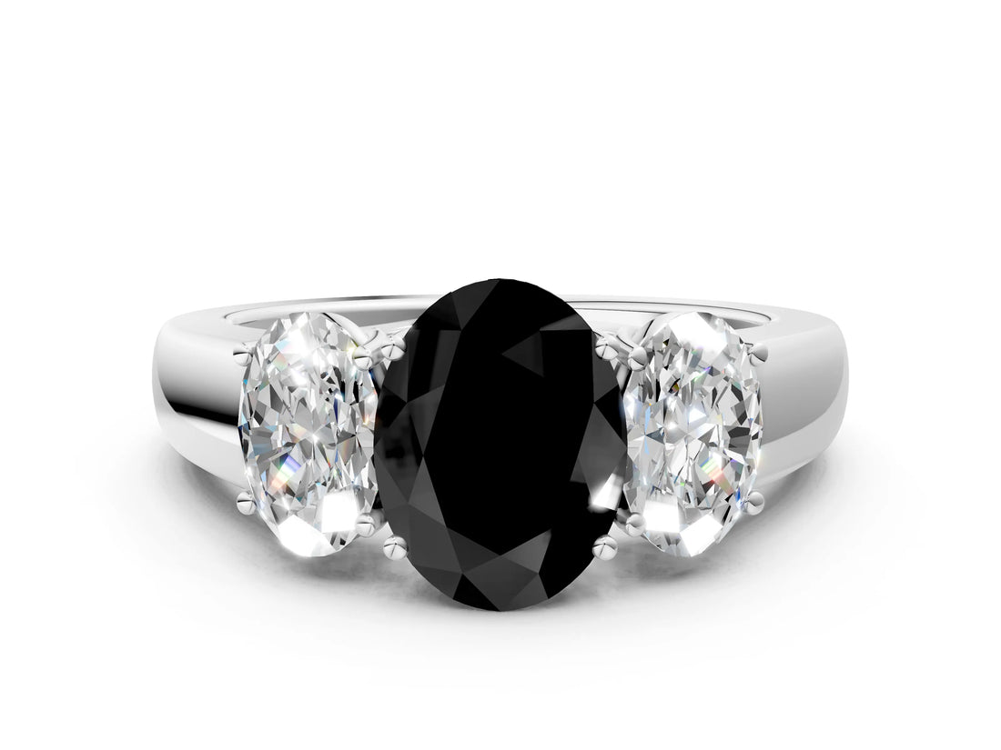 White gold Three-Stone Fancy Black Oval Cut Cut Diamond Ring with Prong Setting and Classic Band