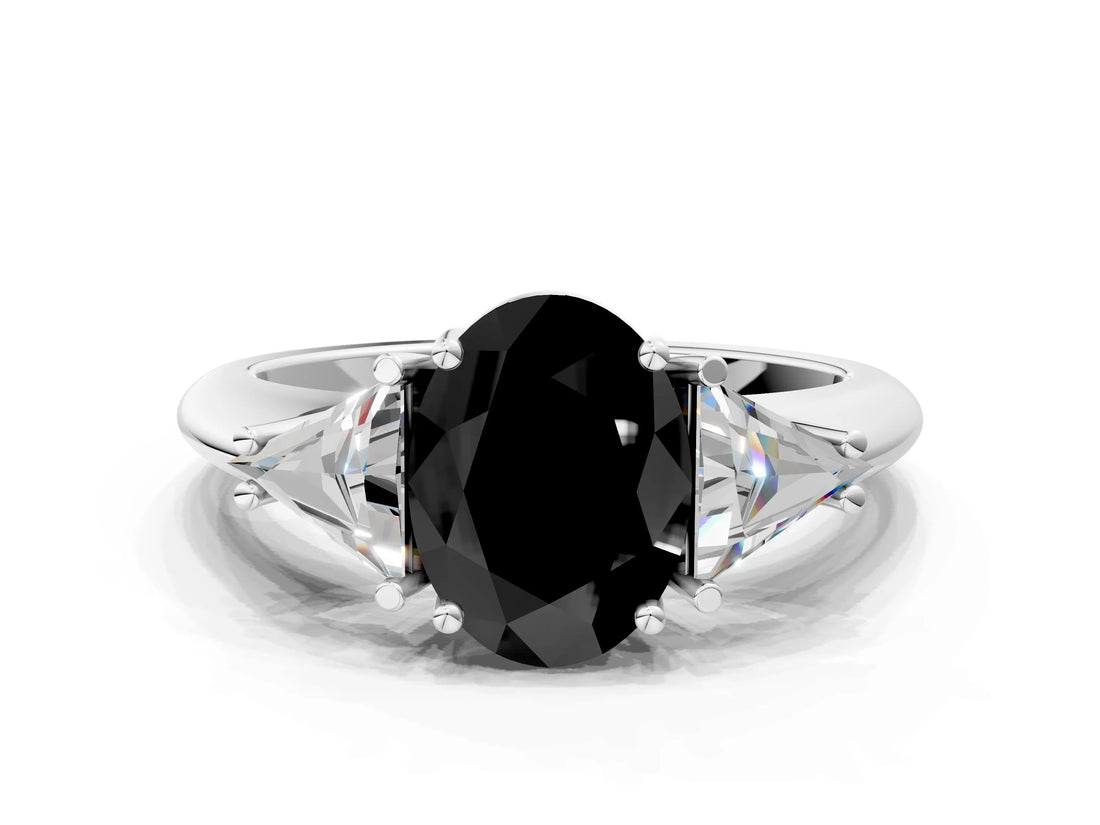 White gold Three-Stone Fancy Black Oval Cut Cut Diamond Ring with Trillion Side Stones and Four-Prong Setting_11