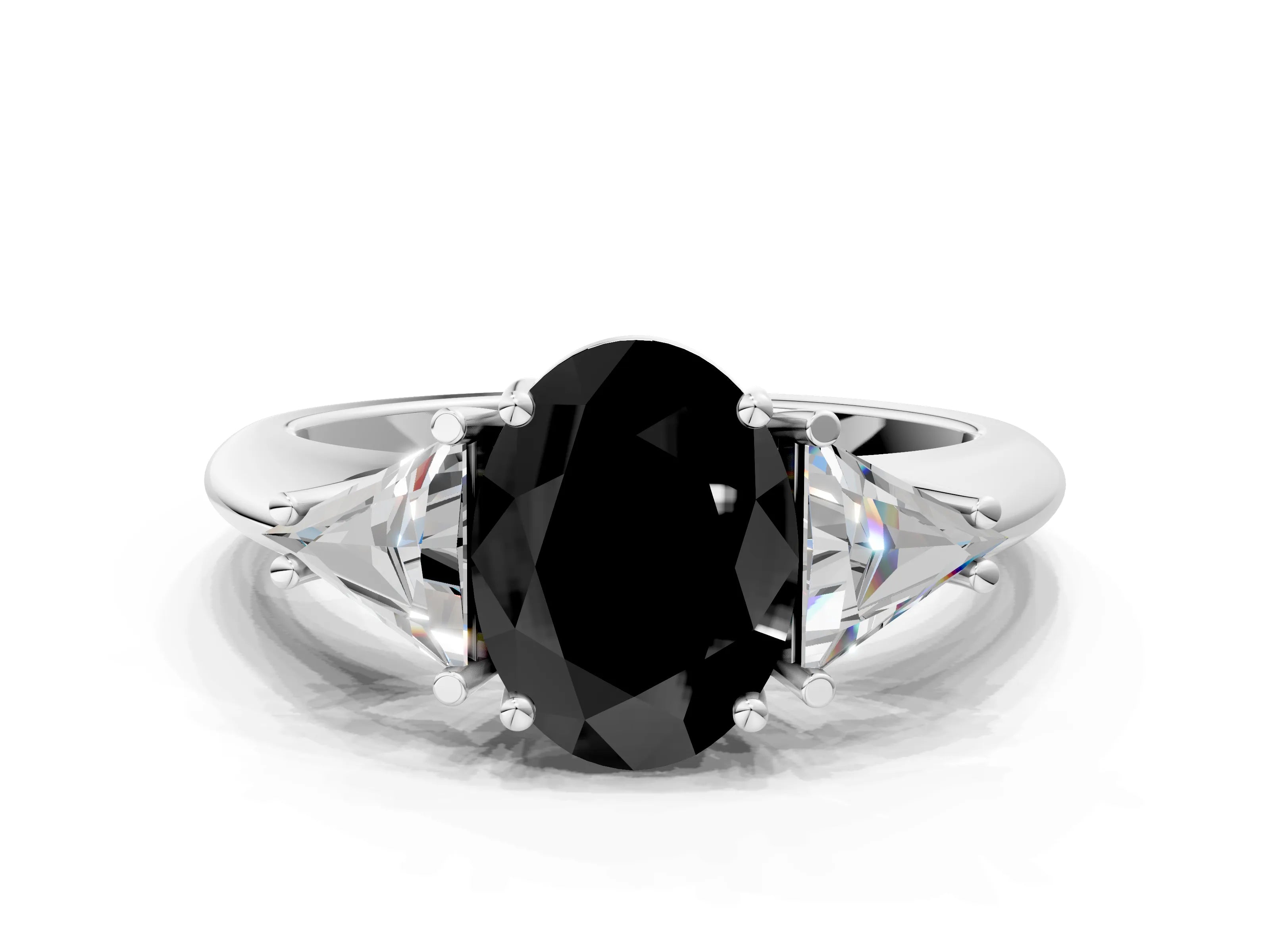 White gold Three-Stone Fancy Black Oval Cut Cut Diamond Ring with Trillion Side Stones and Four-Prong Setting_11