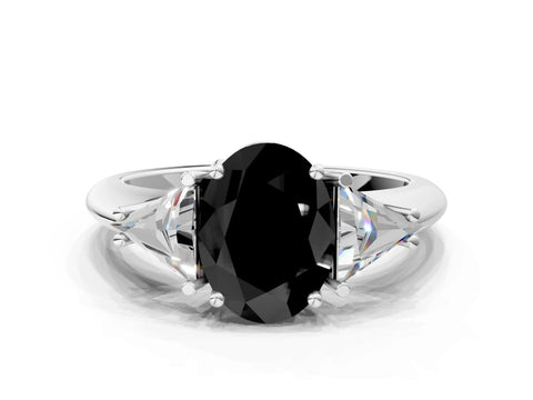 White gold Three-Stone Fancy Black Oval Cut Cut Diamond Ring with Trillion Side Stones and Four-Prong Setting_11